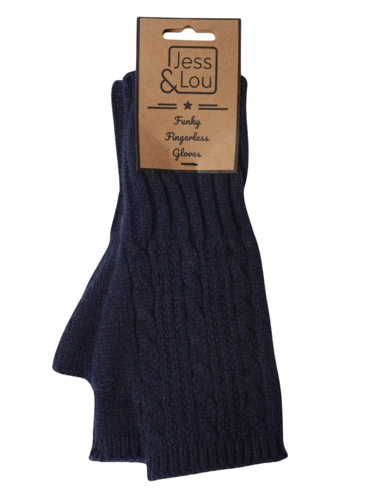 Jess & Lou GL136 Cosy Cable Knit Fingerless Gloves with classic cable knit texture and ribbed edging.