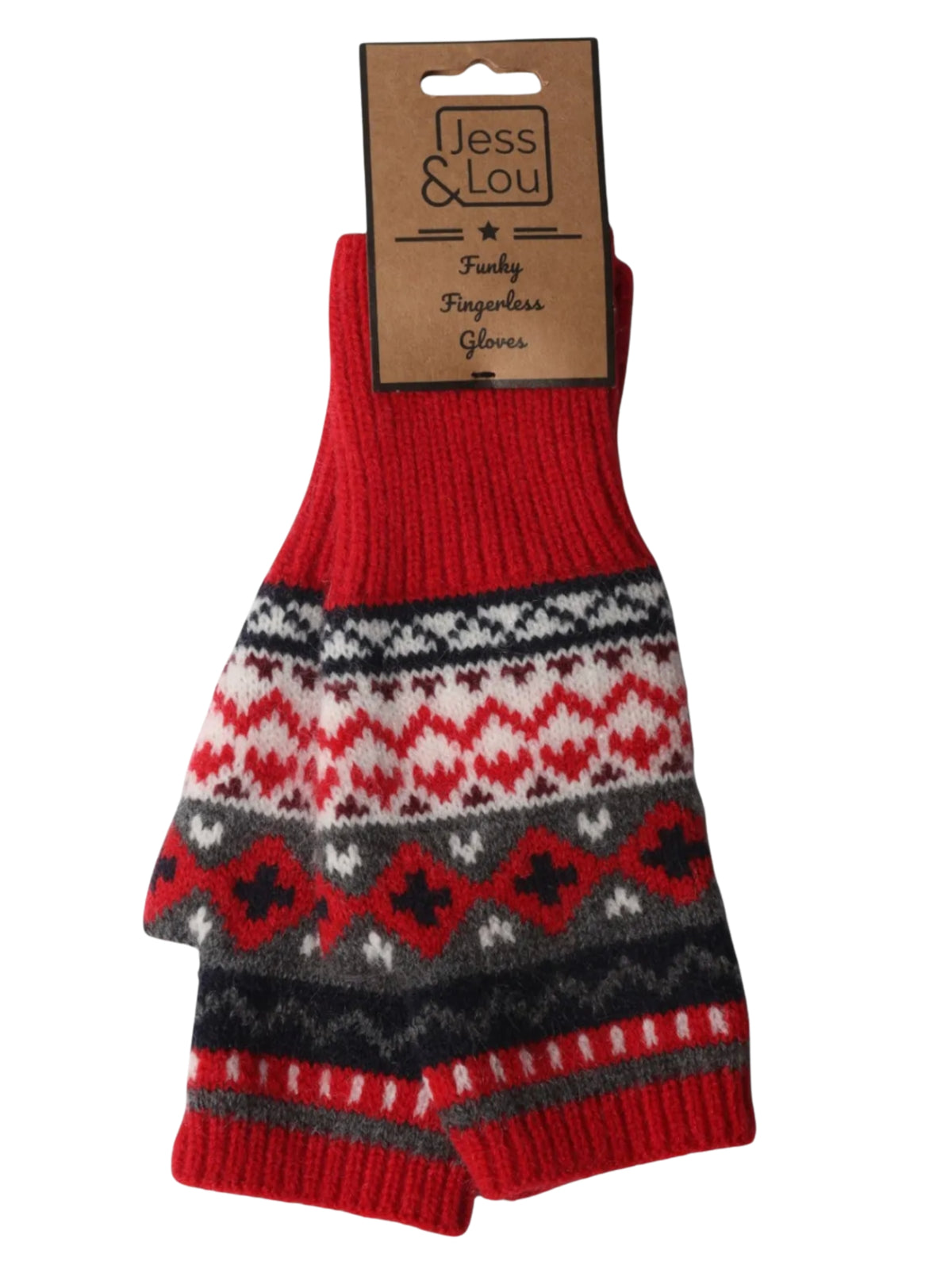 Jess & Lou GL284 Nordic Fingerless Gloves with patterned knitted design, open fingers and ribbed cuffs.