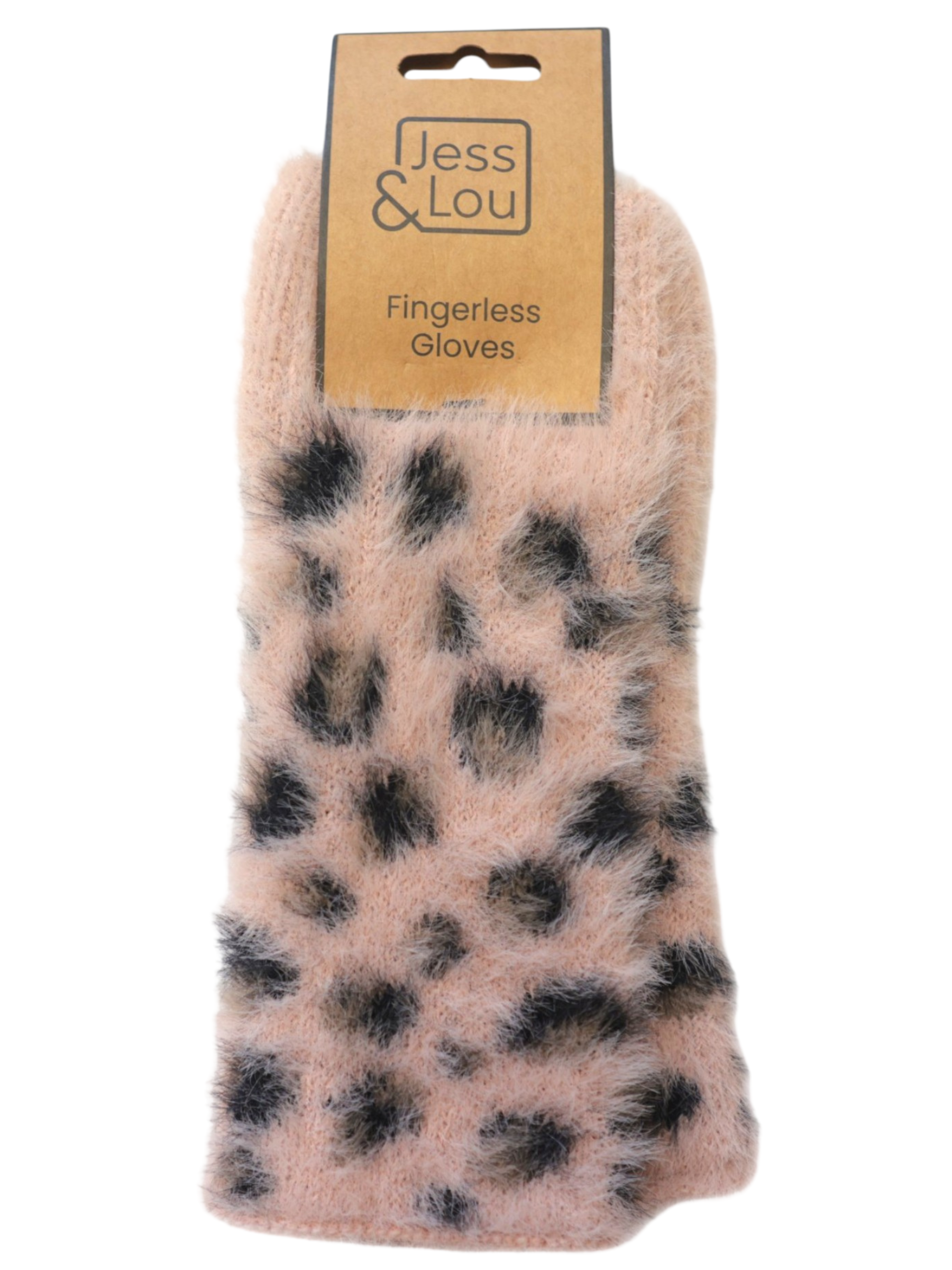 Jess & Lou GL295 Leopard Fluffy Knit Fingerless Gloves with fluffy knit texture and leopard print.