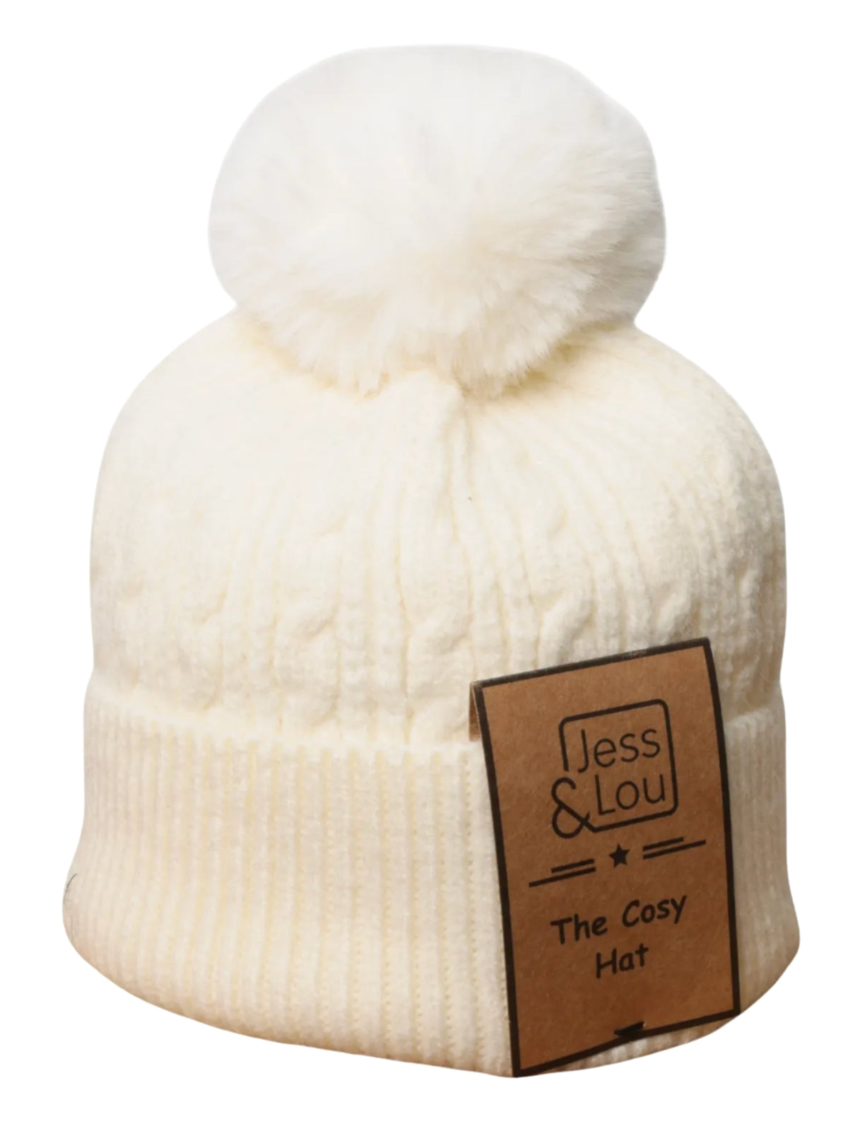 Jess & Lou HL748 Cable Bobble Hat with cable knit texture, ribbed turn-up cuff and large fluffy bobble.