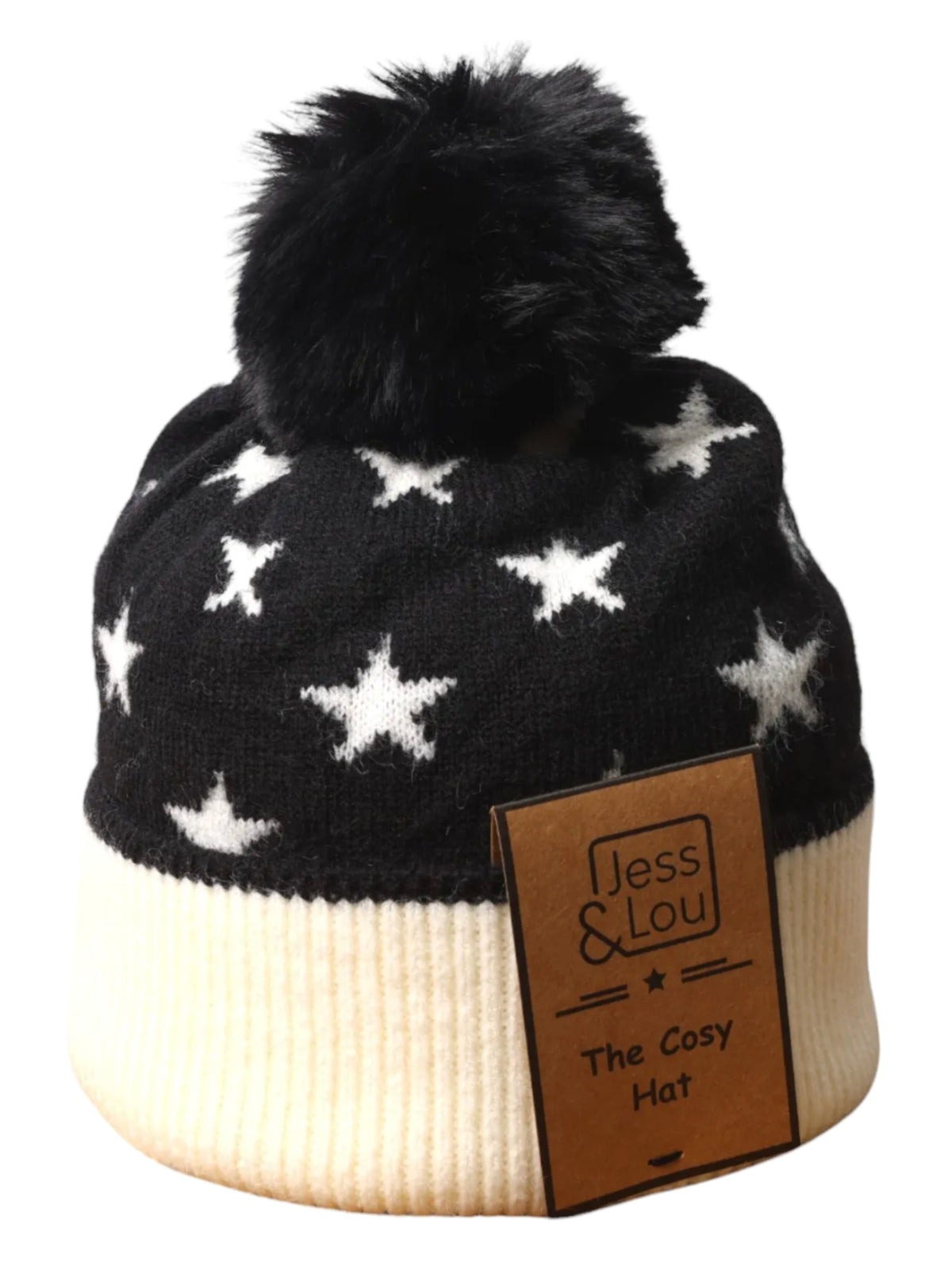 Jess & Lou HL761 Star Cosy Bobble Hat with star pattern, ribbed cuff and fluffy bobble.