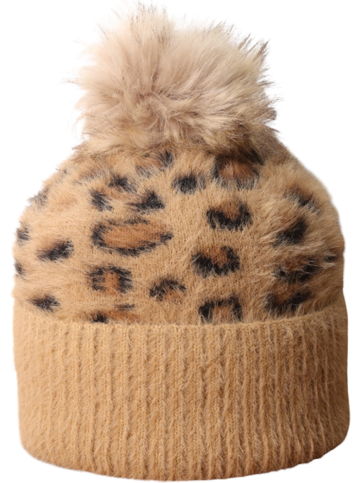 Jess & Lou HL870 Leopard Fluffy Bobble Hat with fluffy leopard pattern, ribbed turn-up edge and oversized pom pom.