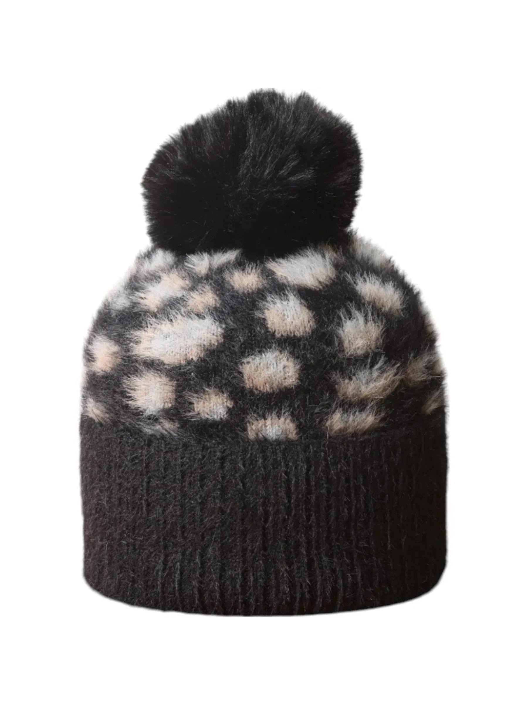 Jess & Lou HL871 black leopard print bobble hat with fluffy pom pom – cosy winter beanie for women, one size fits all.