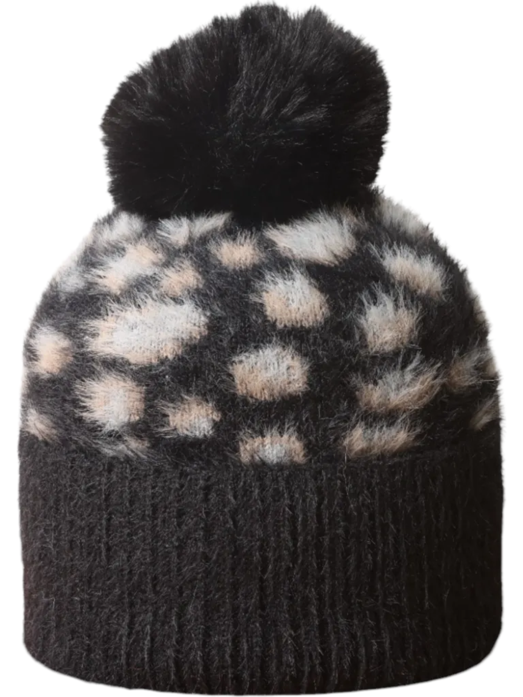 Jess & Lou HL871 Leopard Fluffy Bobble Hat with fluffy leopard pattern, ribbed turn-up edge and oversized pom pom.