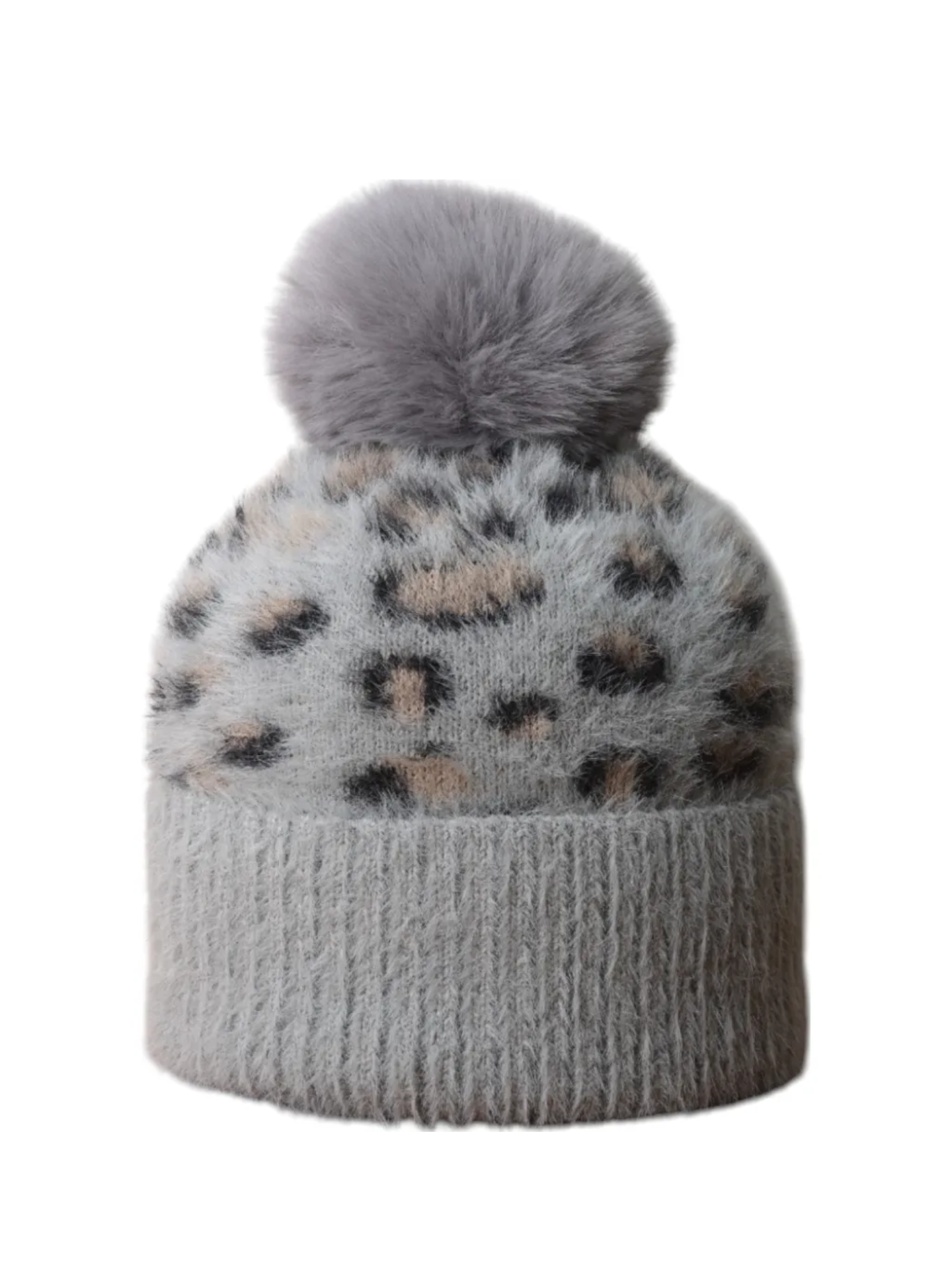 Jess & Lou HL872 grey leopard print bobble hat with faux-fur pom-pom – women’s cosy winter beanie hat for cold-weather outfits.