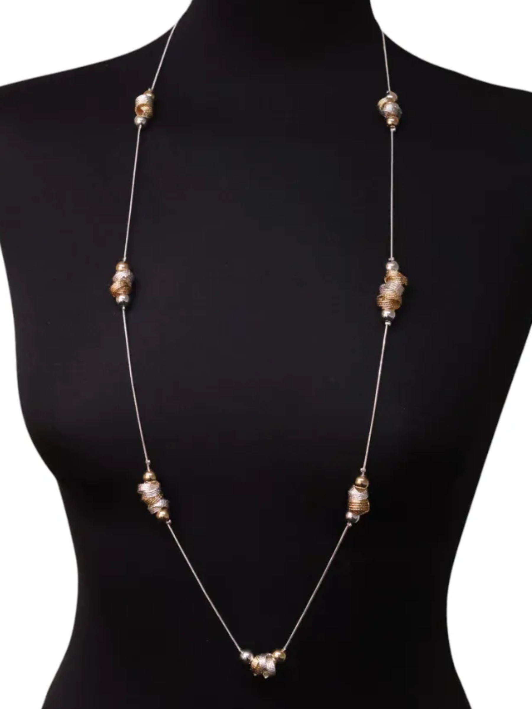 Jess & Lou NK401M long necklace with mixed twisted bead decoration in silver and gold tones – women’s fashion necklace for layering and statement style