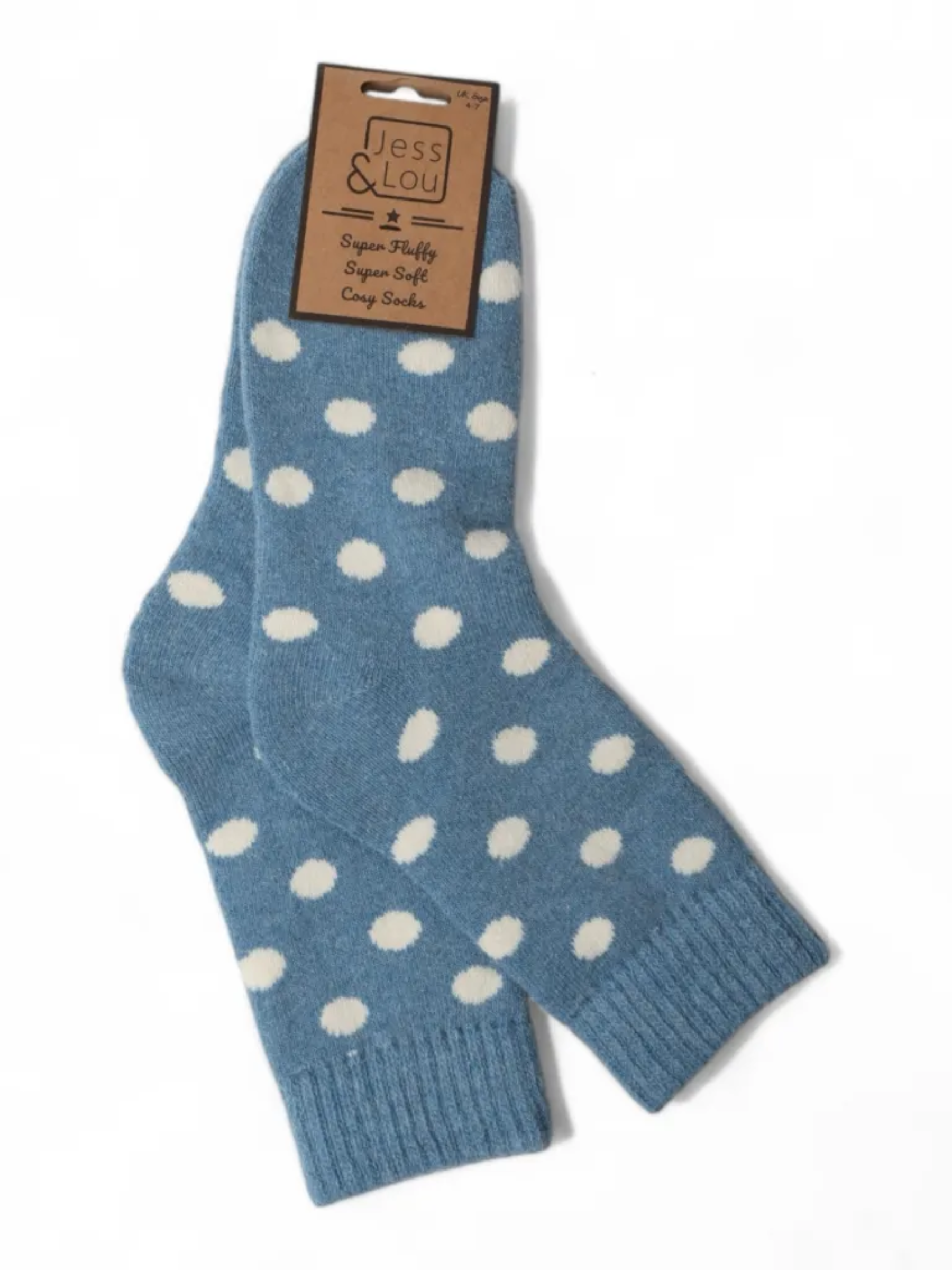 Jess & Lou SL297 cornflower ribbed spotty socks – women’s cosy wool blend socks with white spots, ribbed cuffs and soft knit for comfort and everyday wear.