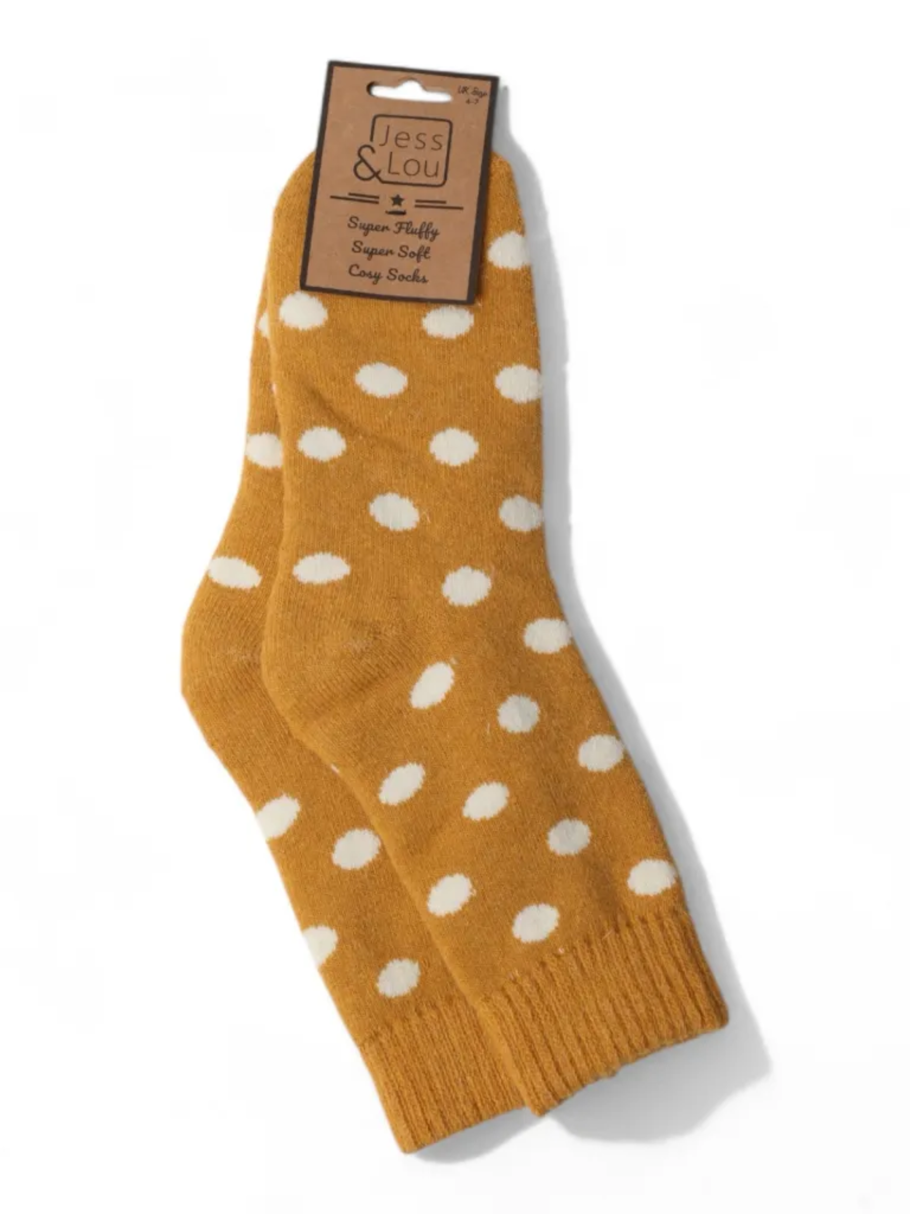 Jess & Lou SL299 gold spotty socks – women’s cosy wool blend socks with white spot print, ribbed cuffs and soft knit comfort for lounging or gifting.