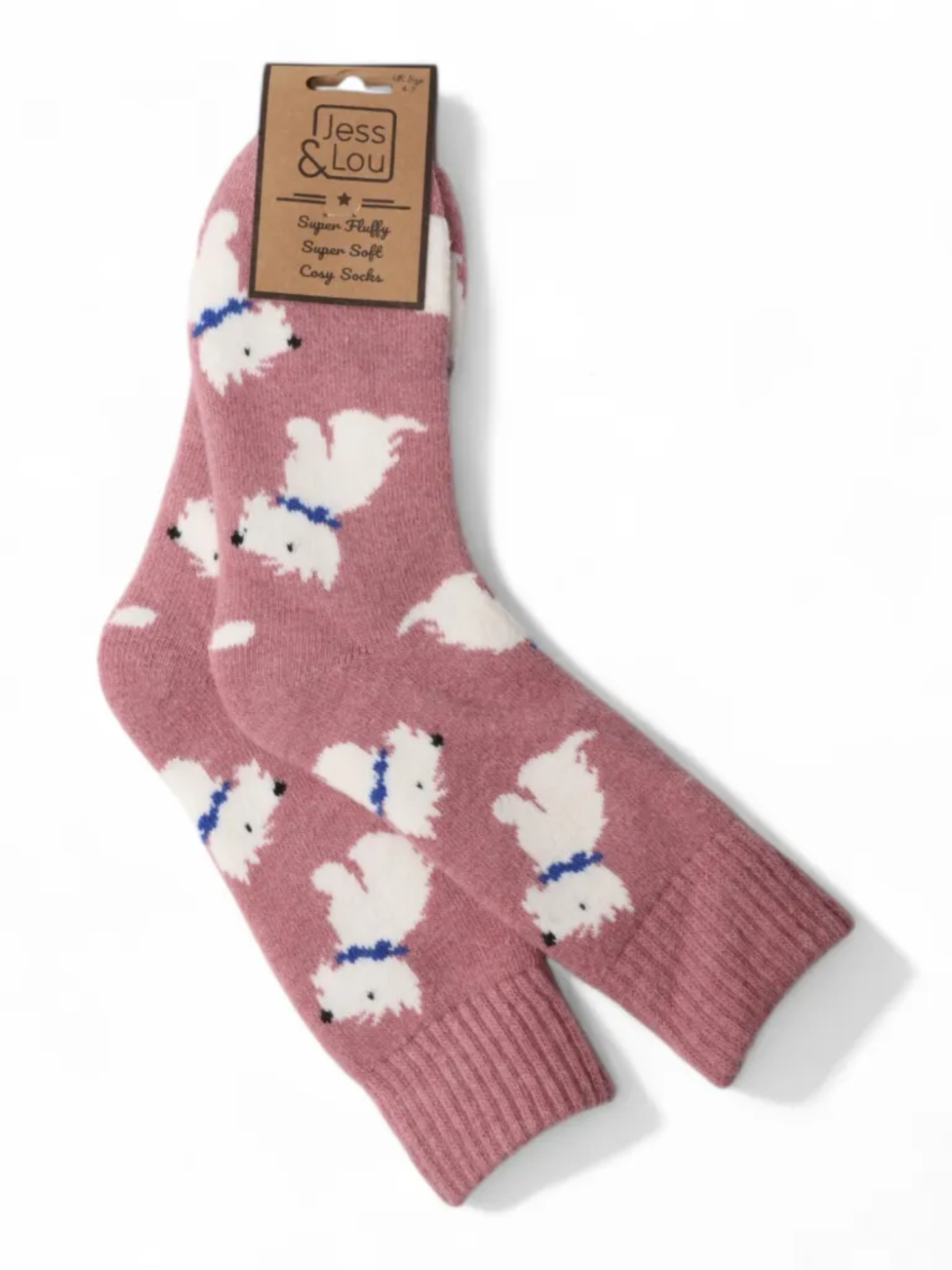 Jess & Lou SL351 pink ribbed Westie socks with dog print – women’s cosy socks UK 4-7