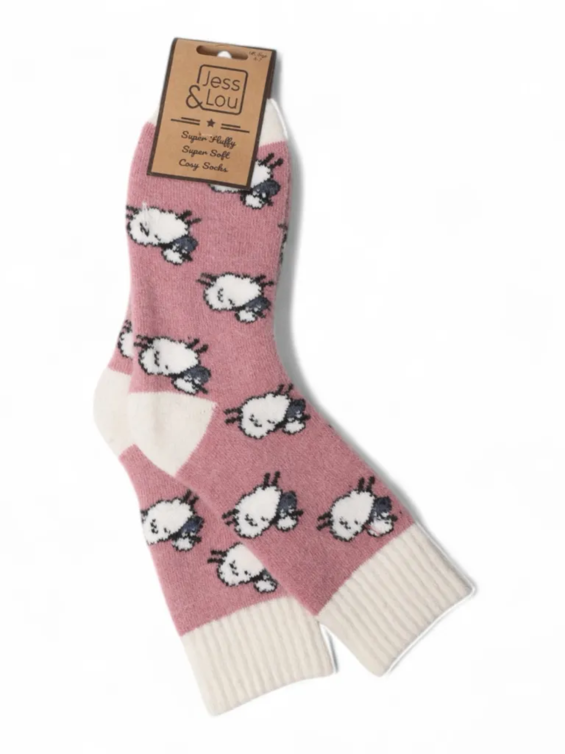 Jess & Lou SL551 pink ribbed sheep socks for women – cosy wool blend novelty socks with cuffed top, fun animal design, perfect for gifting or loungewea