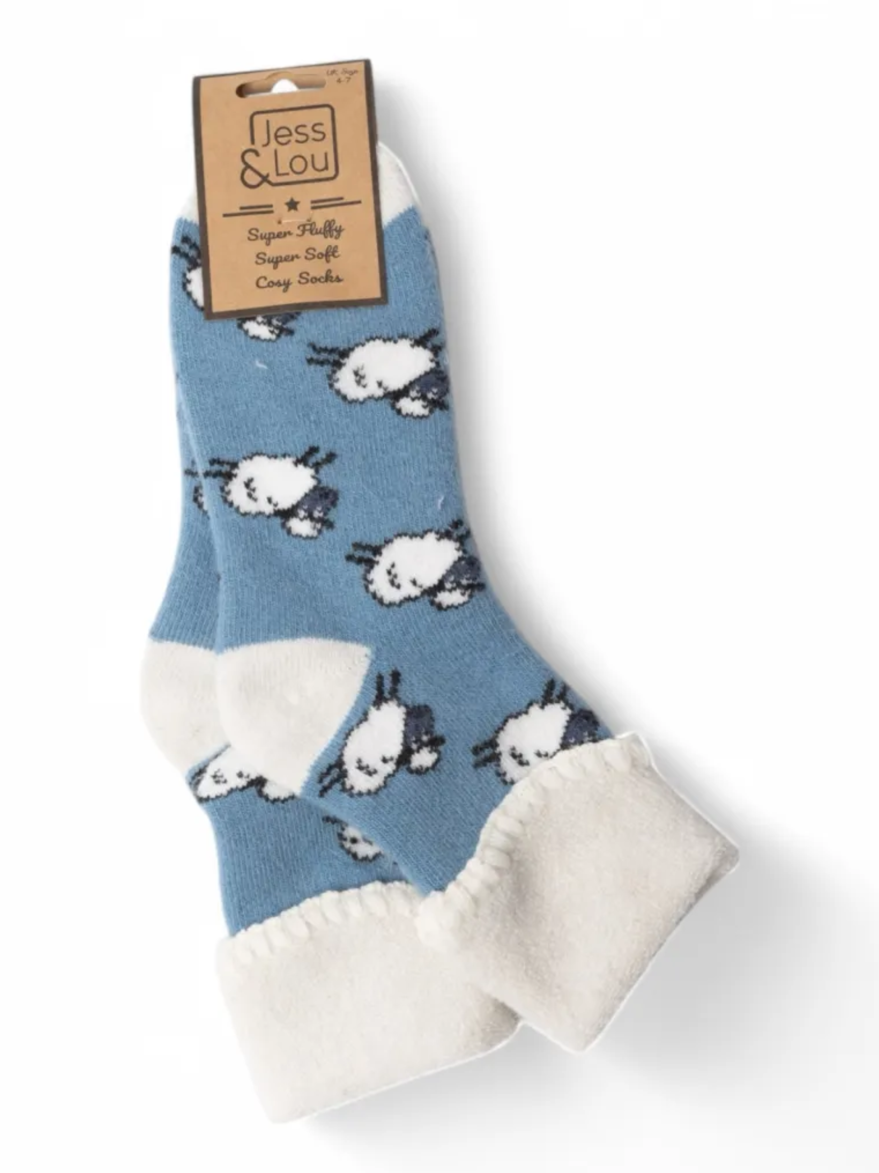 Jess & Lou SL567 cornflower blue cuffed sheep socks – cosy women’s wool blend novelty socks with sheep design, ladies UK 4-7.