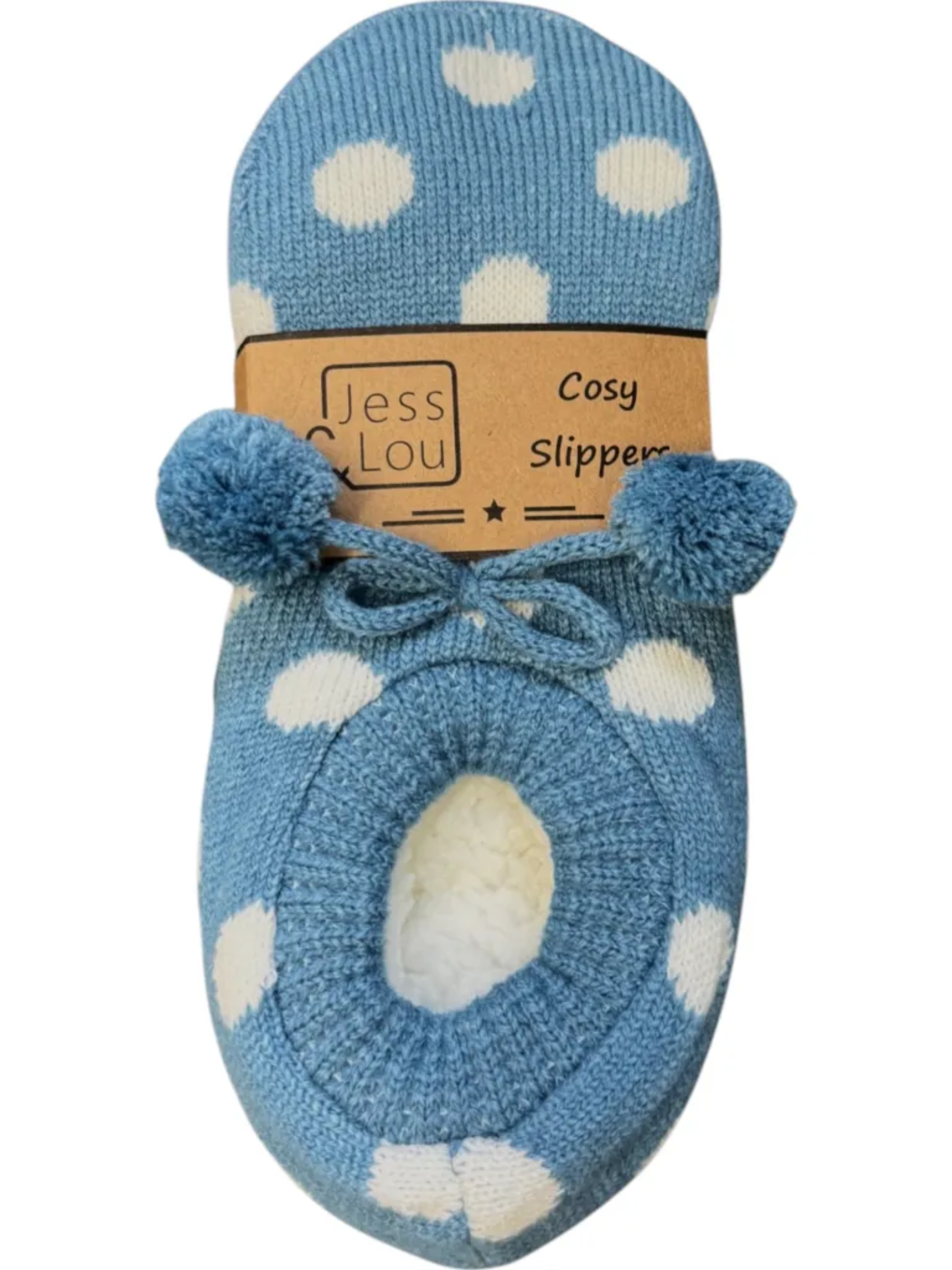 Jess & Lou SL637 cornflower blue and white spotty cosy slippers with pom poms – women’s soft slipper socks for warmth and comfort at home.