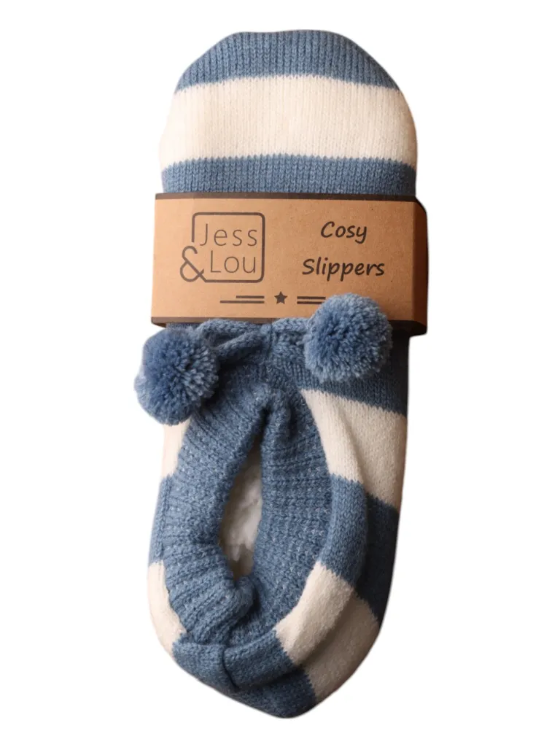 Jess & Lou SL737 cornflower blue and white stripe cosy slippers with pom poms – women’s soft slipper socks for warmth and comfort at home.
