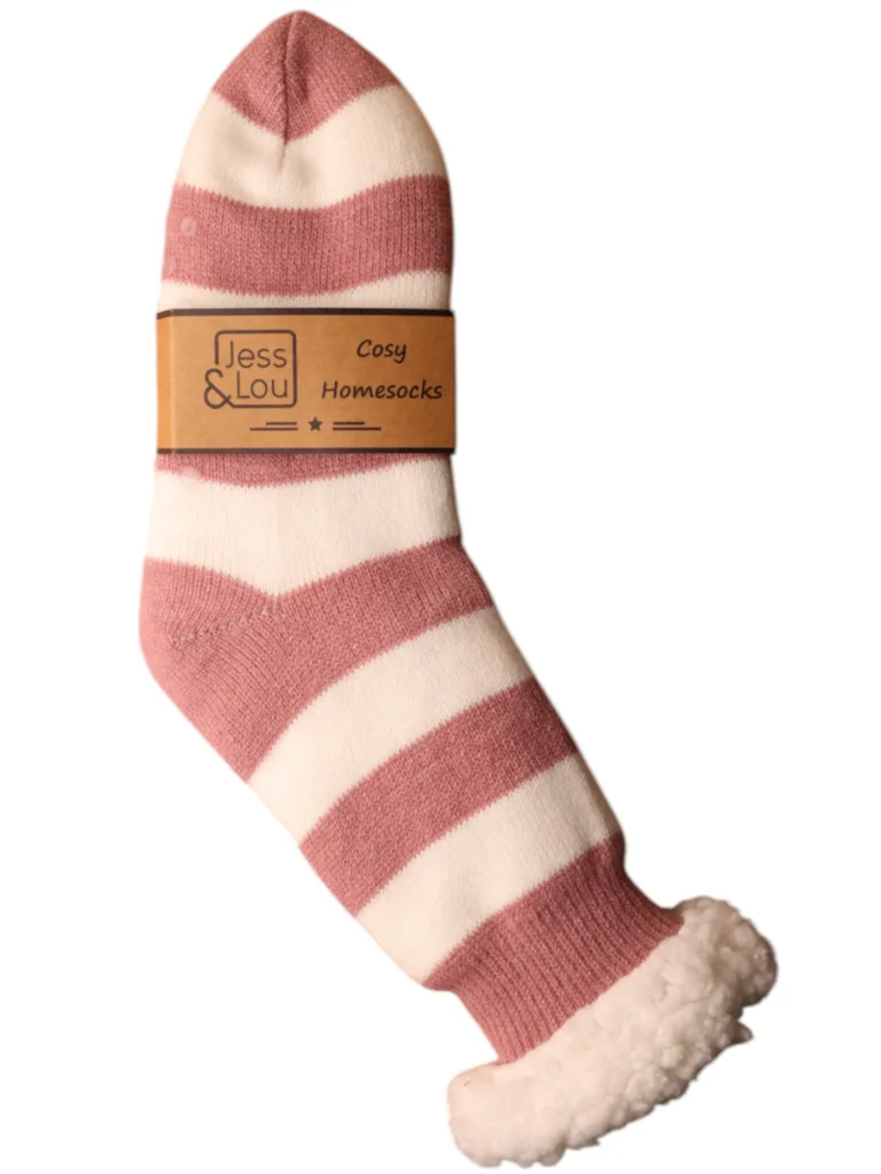 Jess & Lou SL741 pink & white striped slipper socks with fleece lining, fold-over cuff and anti-slip dots – cosy women’s lounge socks UK 4-7.