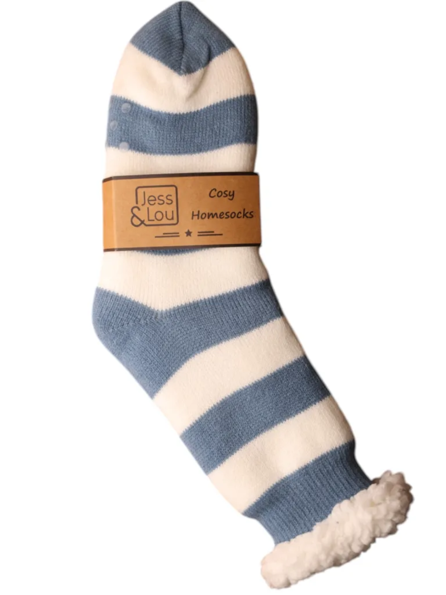 Jess & Lou SL747 cornflower blue & white striped slipper socks with fleece lining, fold-over cuff and anti-slip dots – cosy women’s lounge socks UK 4-7.