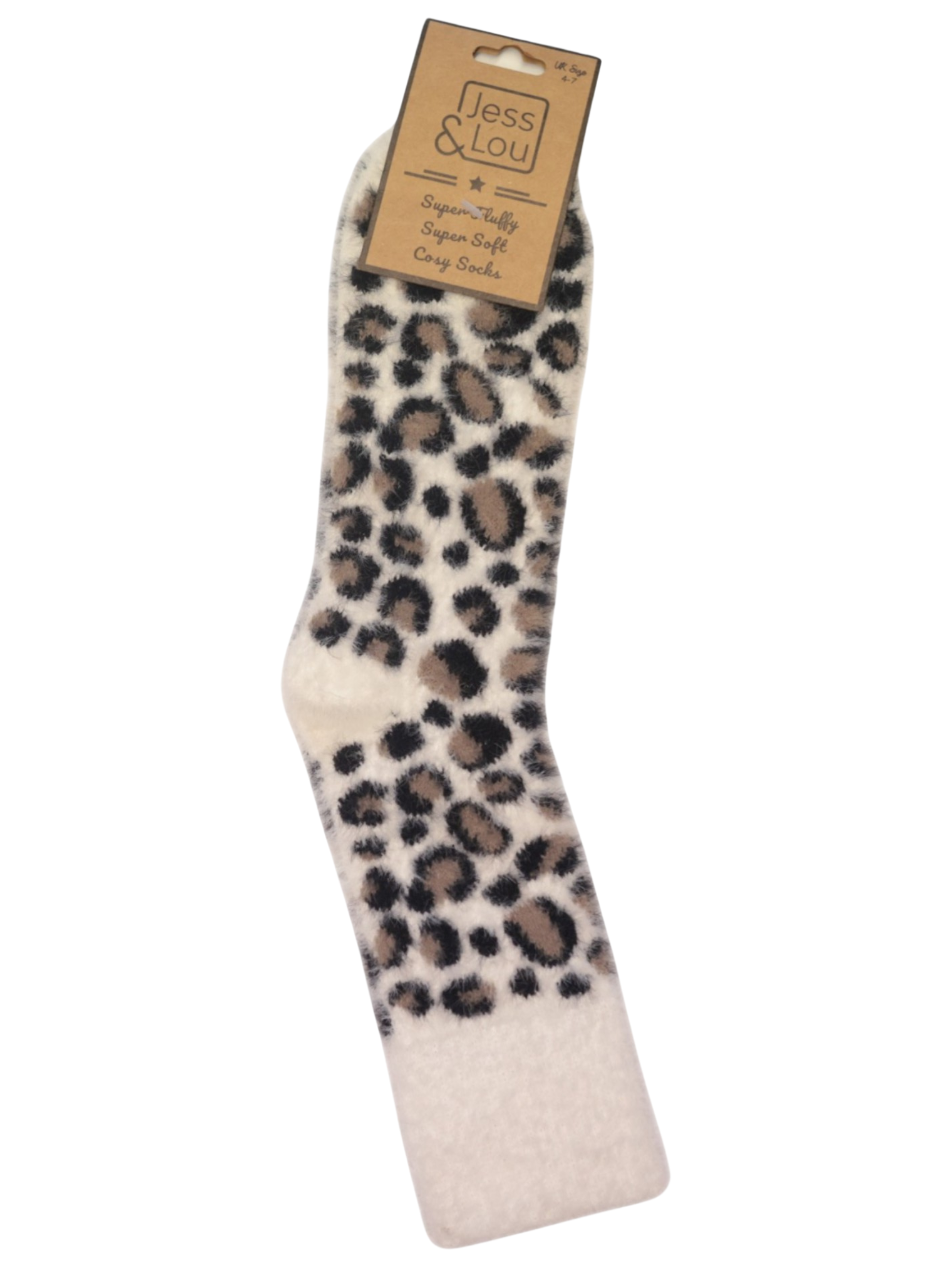 Jess & Lou SL8341Leopard Print Fluffy Socks with a soft fluffy texture and all-over leopard print.