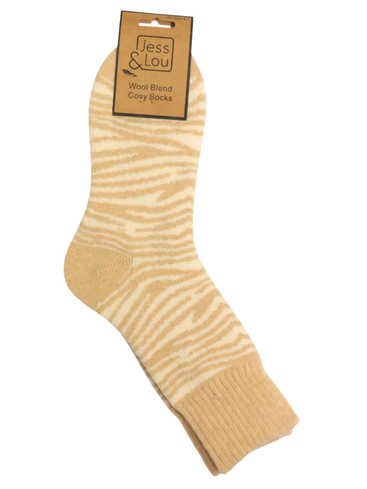 Jess & Lou SL862 Zebra Print Cosy Socks with zebra-inspired pattern and soft knitted wool-blend finish.