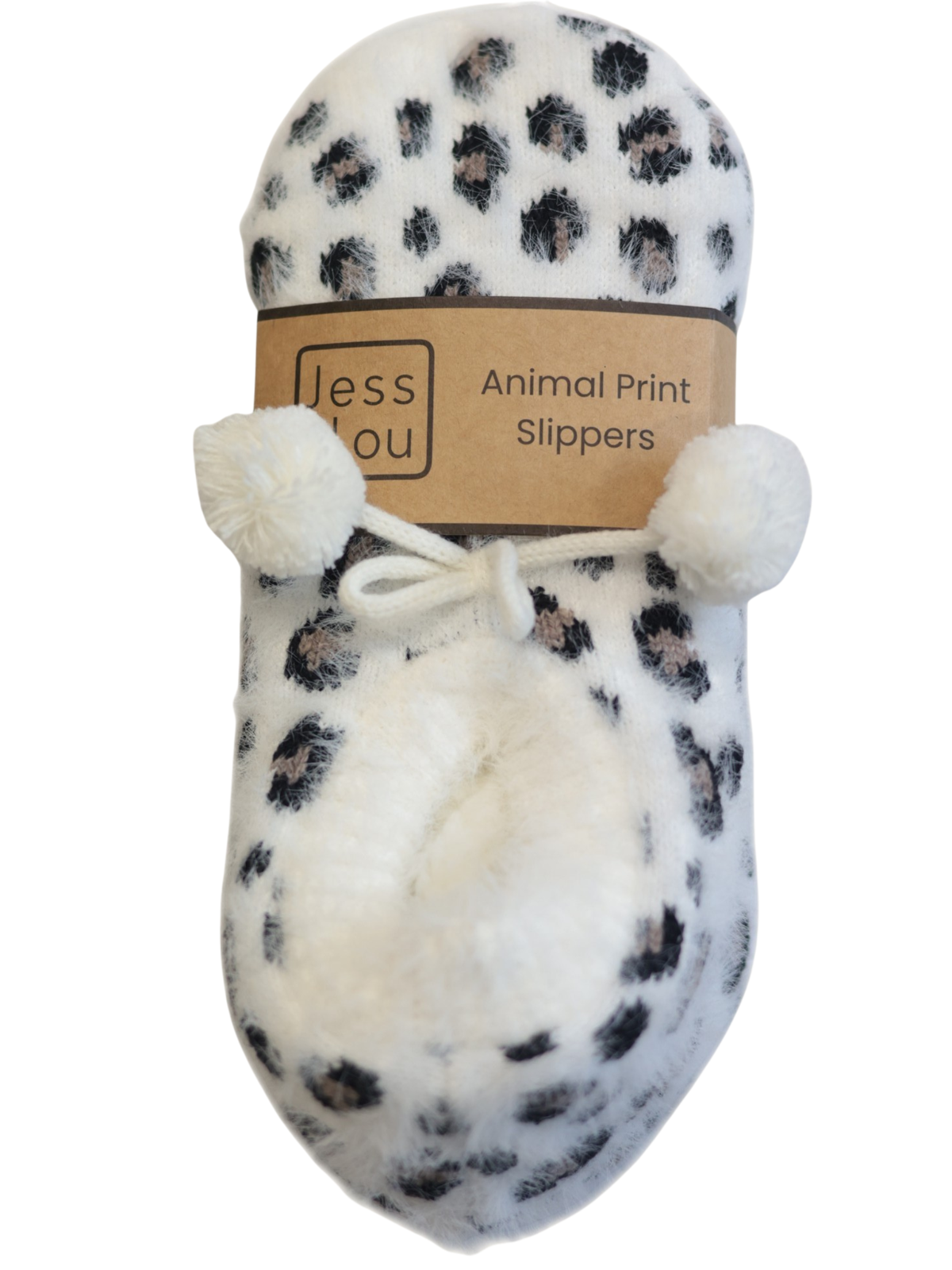 Jess & Lou SP111 Leopard Fluffy Slipper with fluffy leopard print, bow detail and pom poms.