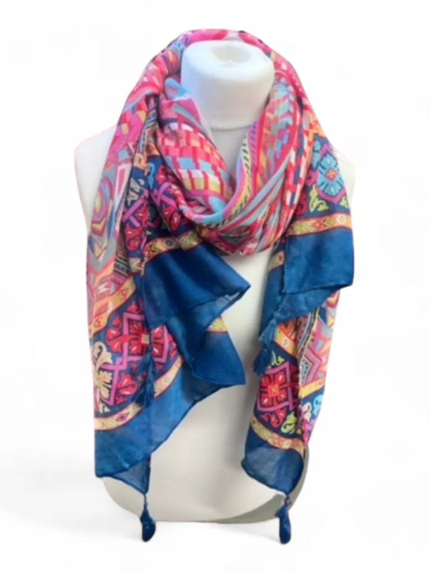 Jess & Lou SS341 tasselled spring scarf with vibrant geometric and floral print and tasselled corners.