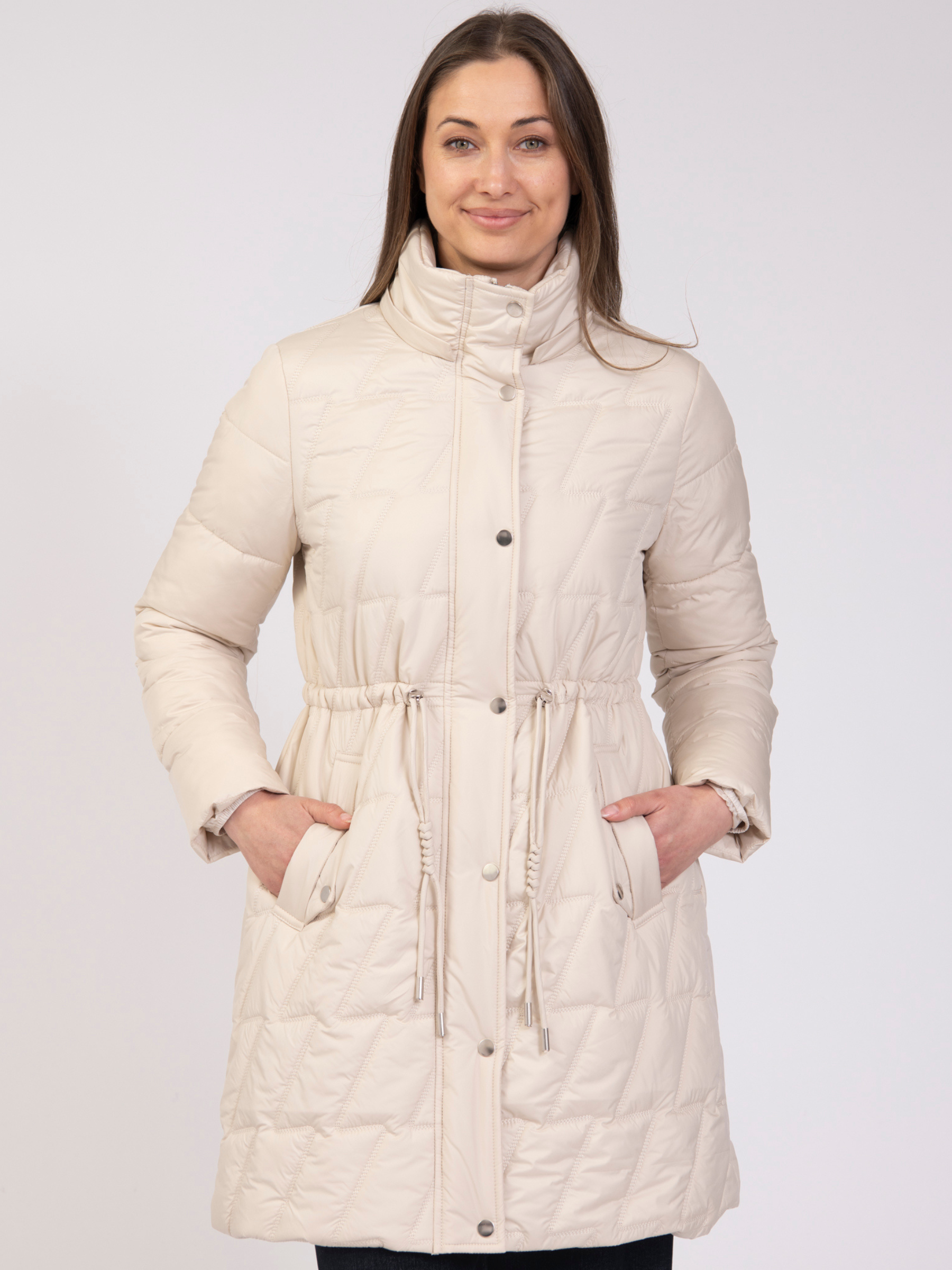 Jessica Graaf 32060 Long Padded Jacket with high neckline, popper fastening, drawstring waist and front pockets