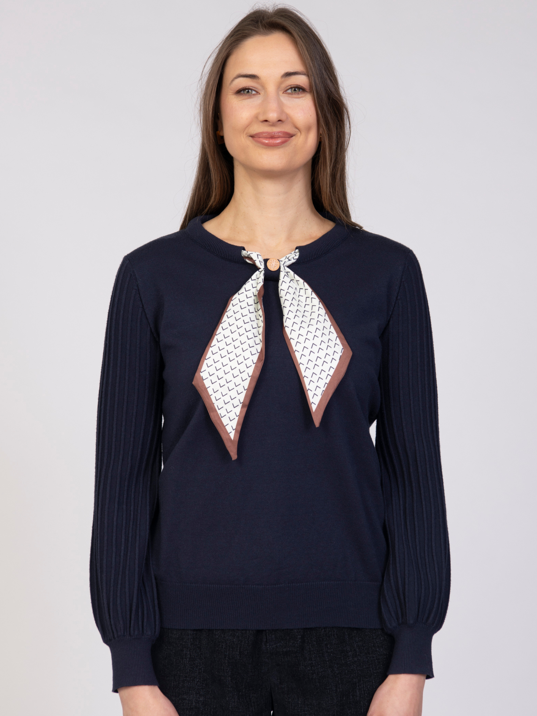 Jessica Graaf 32154 Plain Tie Jumper with round neckline, scarf-style tie detail and ribbed long sleeves