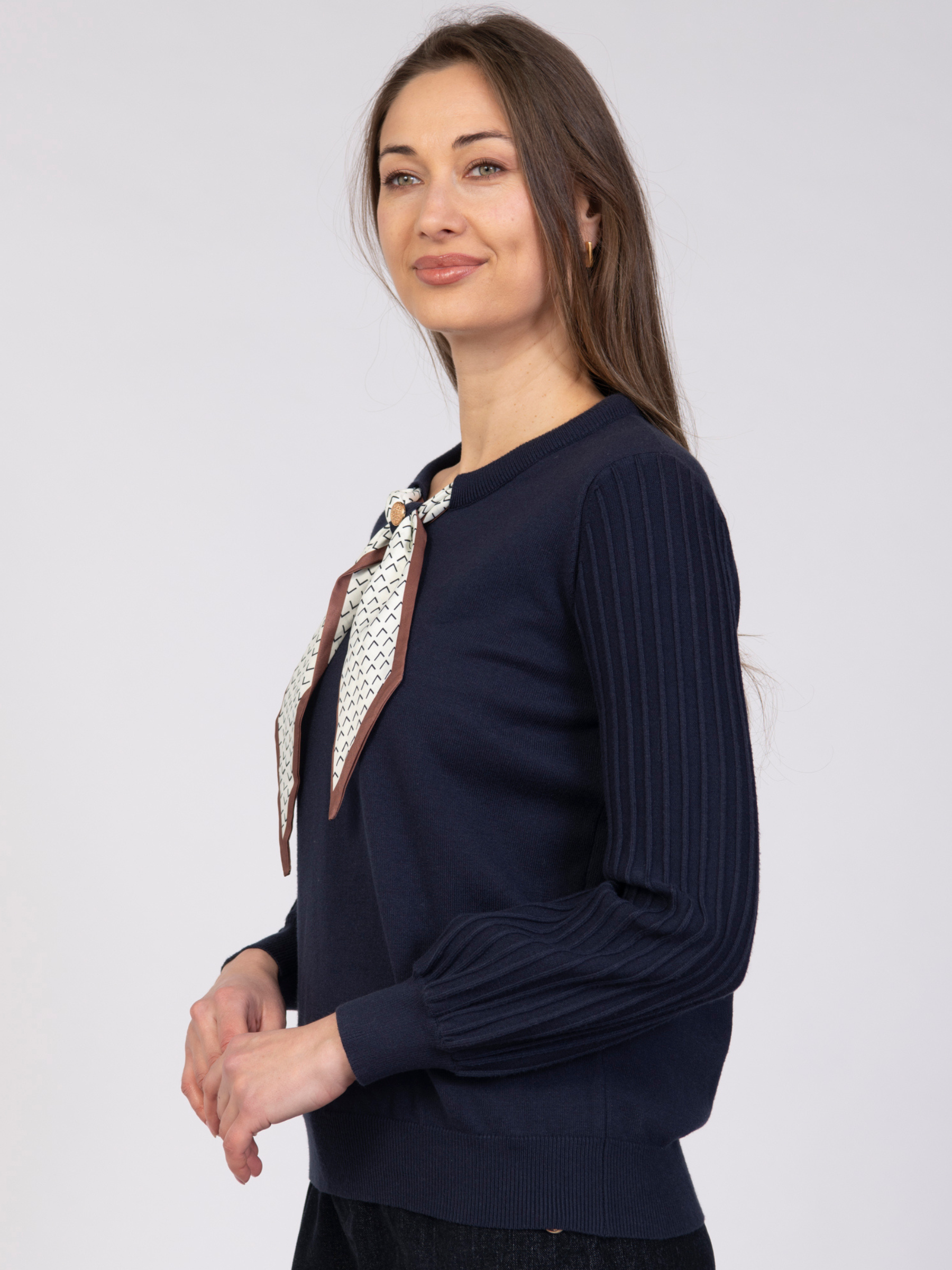 Jessica Graaf 32154 Plain Tie Jumper with round neckline, scarf-style tie detail and ribbed long sleeves