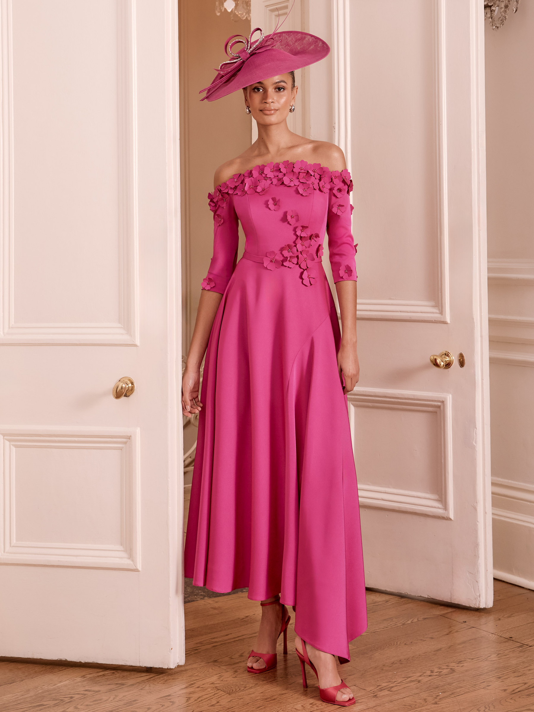 John Charles 29372B Lipstick Dress off-the-shoulder midi dress with 3D floral detailing and asymmetric hem