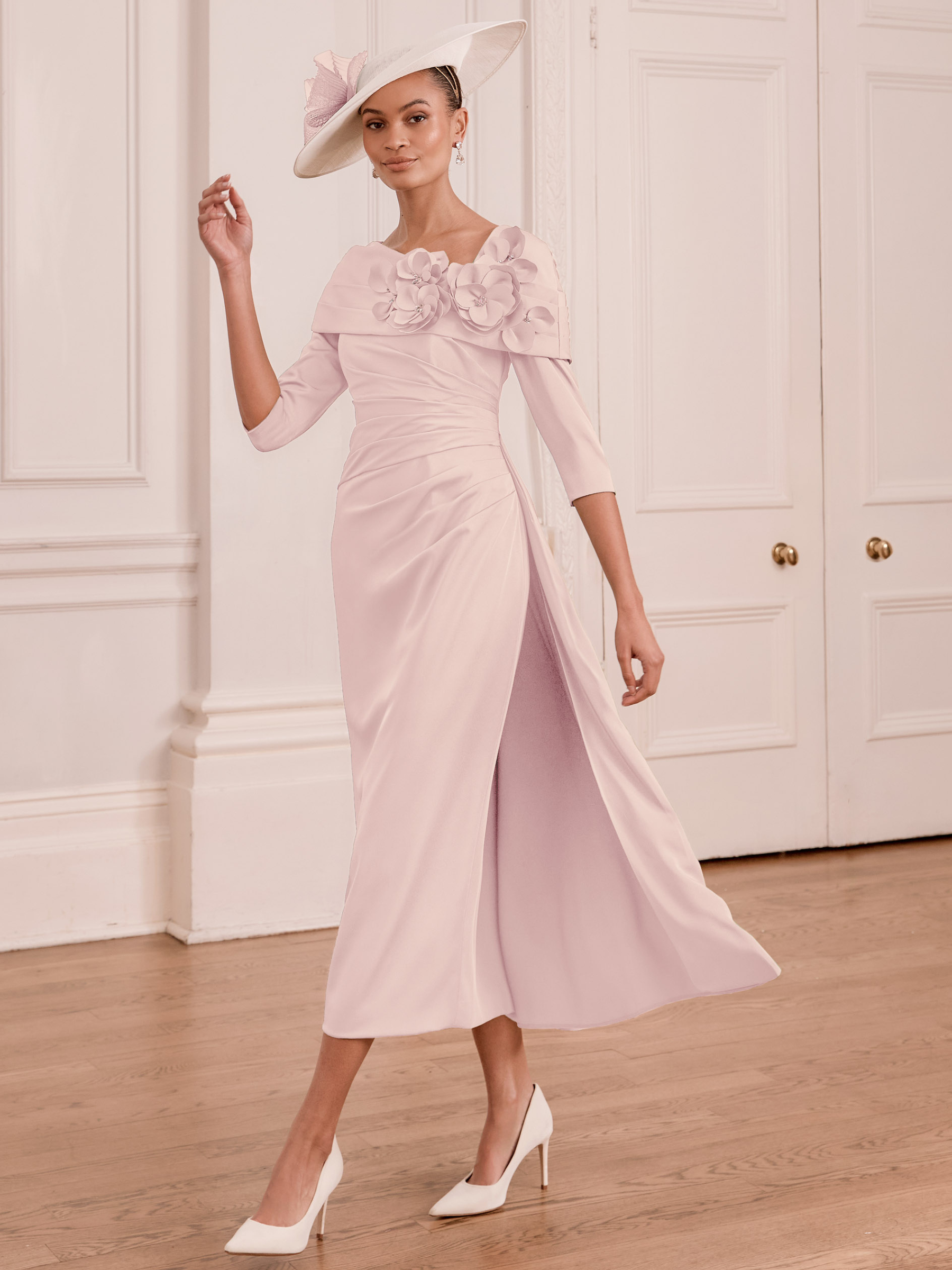 John Charles 29376 Petal Dress satin back crepe midi dress with asymmetric floral collar and 3/4 sleeves