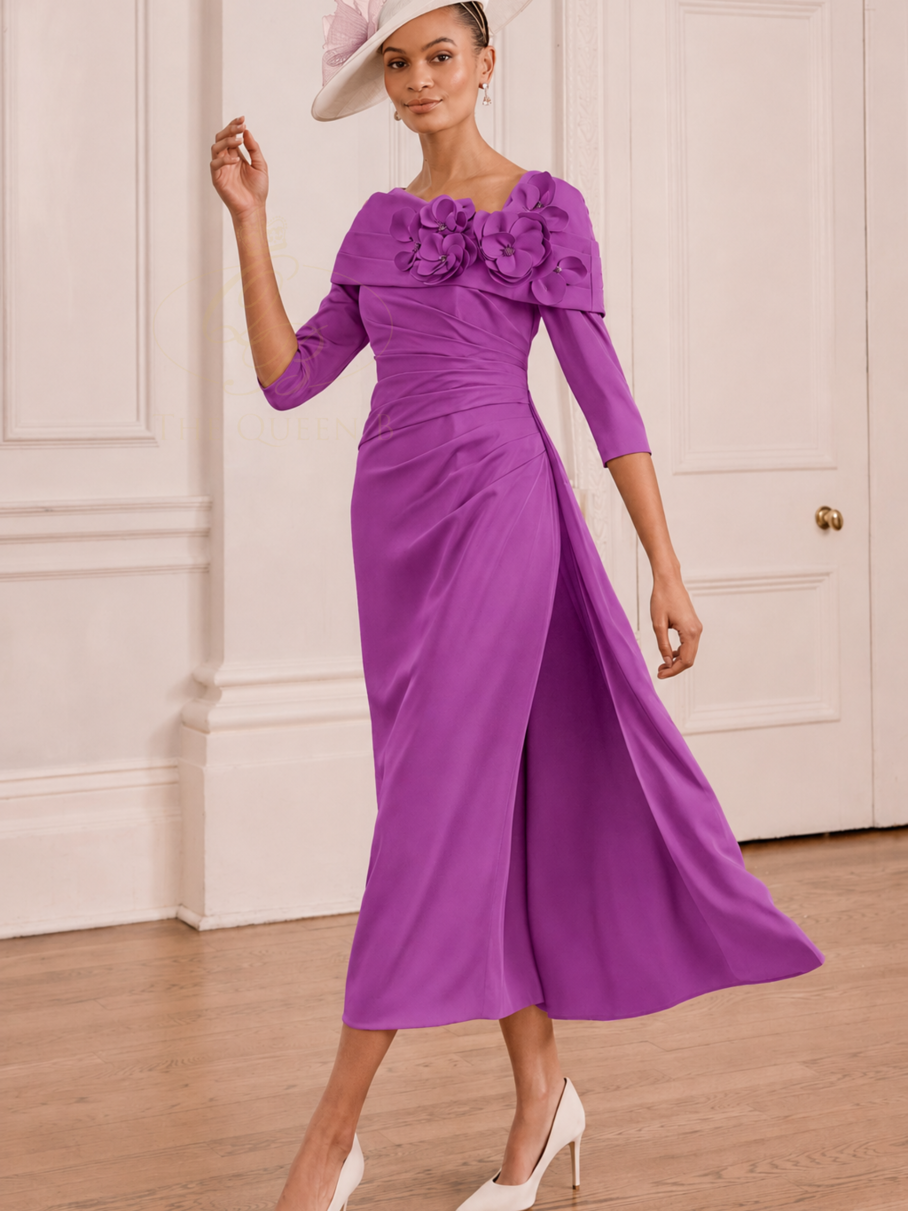 John Charles 29376 Violet Dress satin back crepe midi dress with asymmetric floral collar and 3/4 sleeves