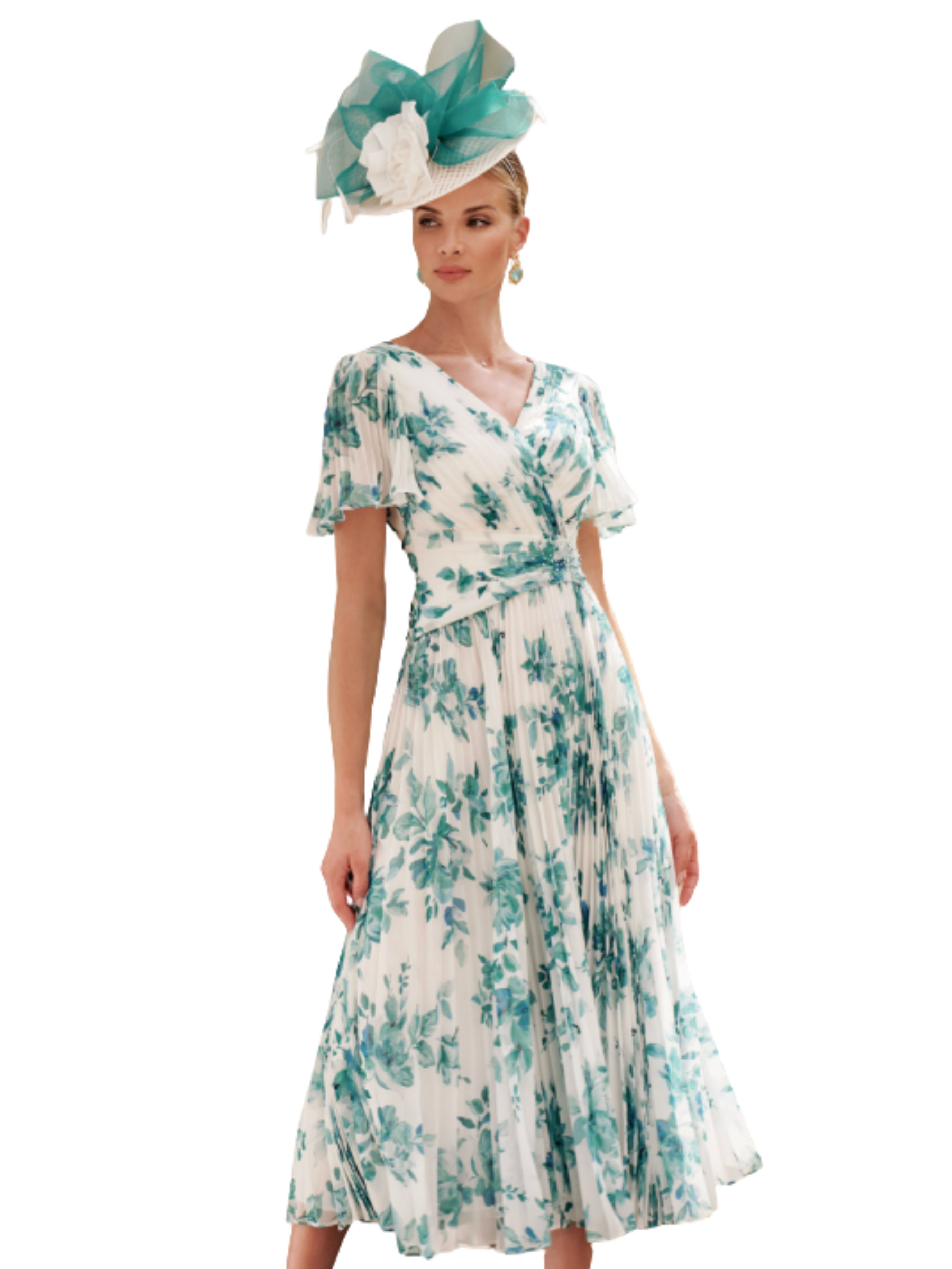 John Charles 66608B Pink Blossom Dress with V-neckline, flutter sleeves and a flowing pleated midi skirt — a romantic floral occasion dress perfect for weddings and elegant summer events.