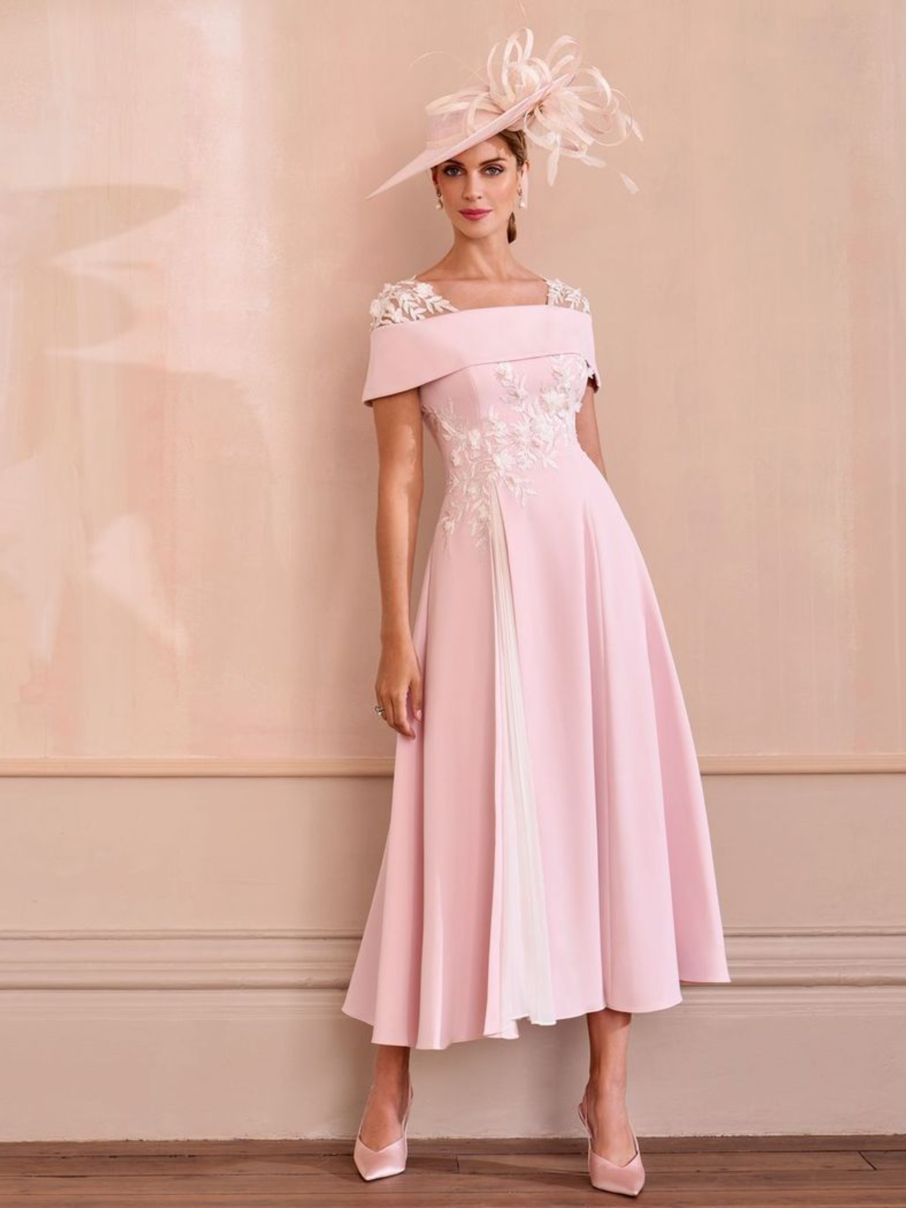 John Charles 66625 Petal/Ivory Dress with bardot neckline, A-line silhouette, plissé chiffon godet and ivory appliqué detailing.