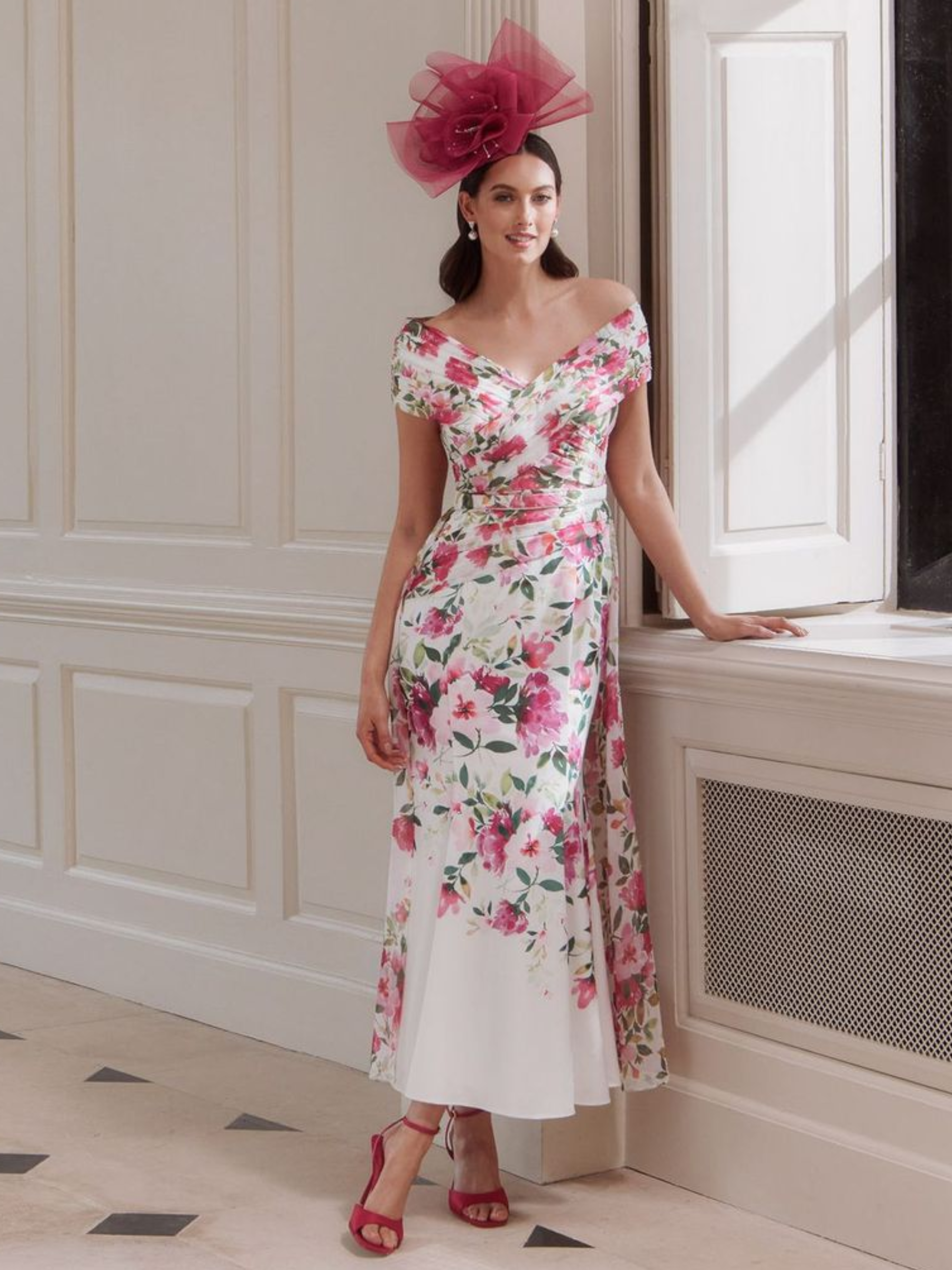 John Charles 66743 Spring Dress with off-shoulder neckline, pleated bodice, floral print, fit-and-flare skirt and detachable chiffon overskirt.