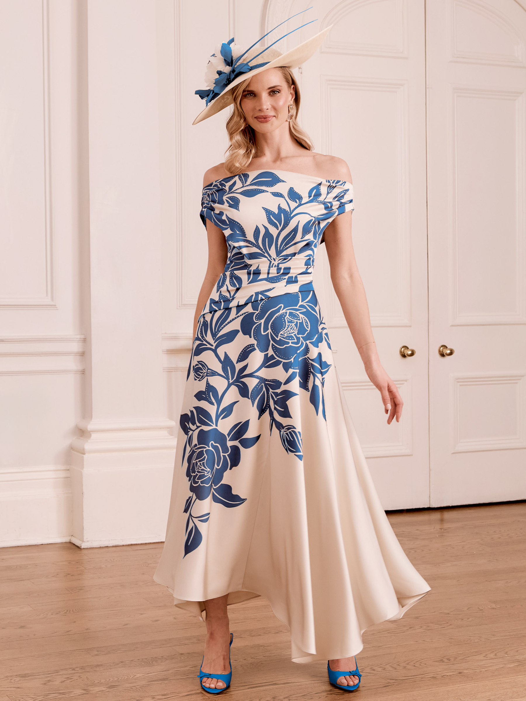 John Charles 66780A Teal Ecru Dress with off-the-shoulder neckline, ruched bodice, floral print and asymmetric hem
