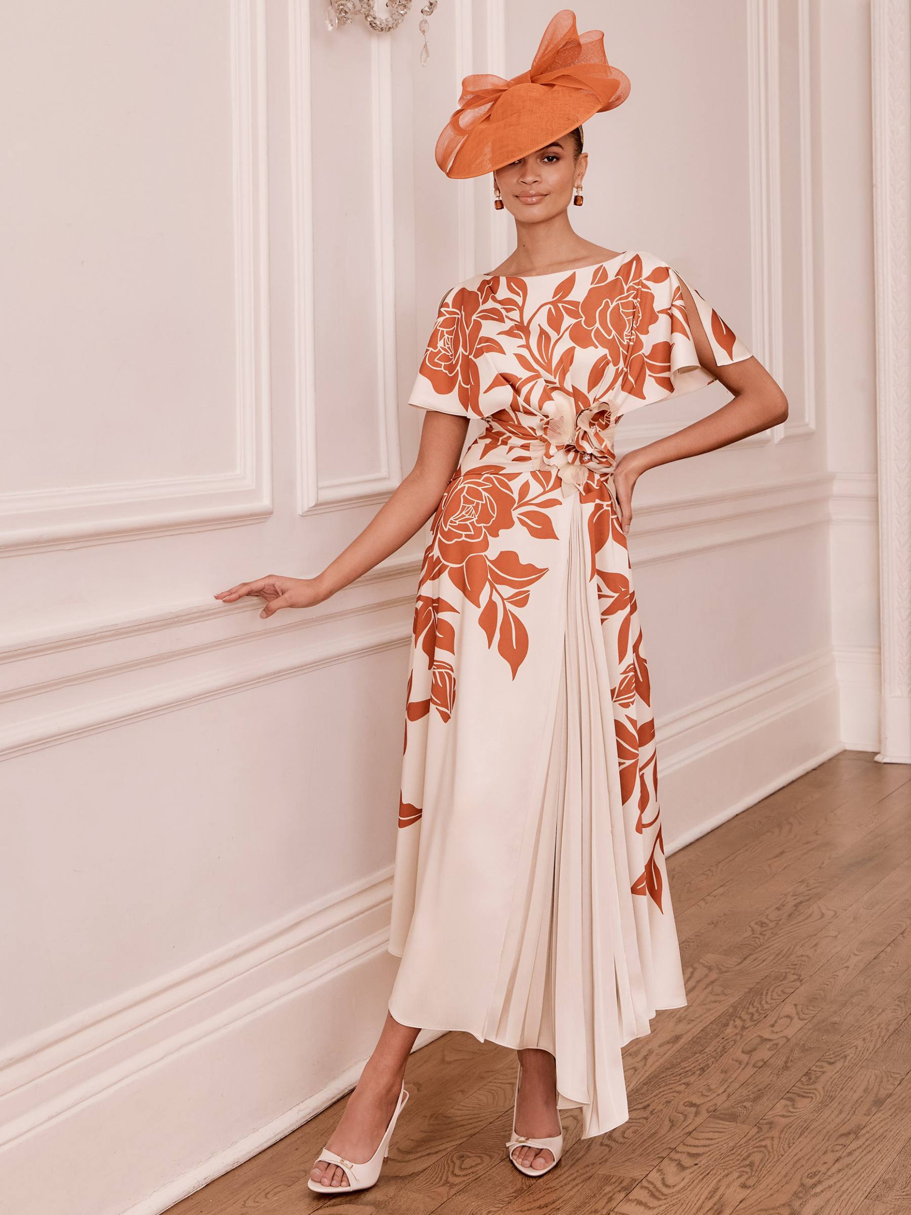 John Charles 66782B Terracotta / Ecru Dress satin back crepe midi dress with draped bodice and 3D floral waist detail