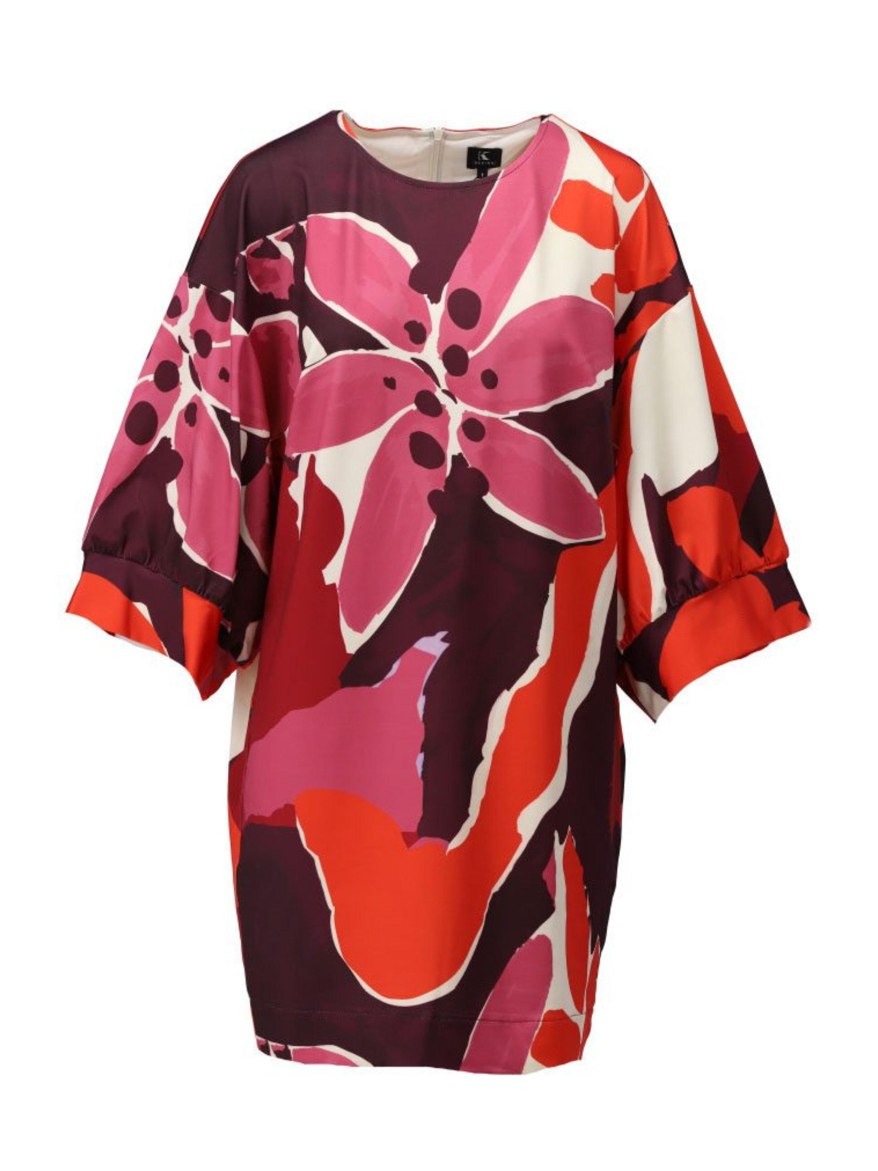 Women’s dress featuring a bold floral print in vibrant red, pink, and purple tones, with oversized batwing sleeves and a relaxed silhouette - a stylish statement dress for casual or smart occasions
