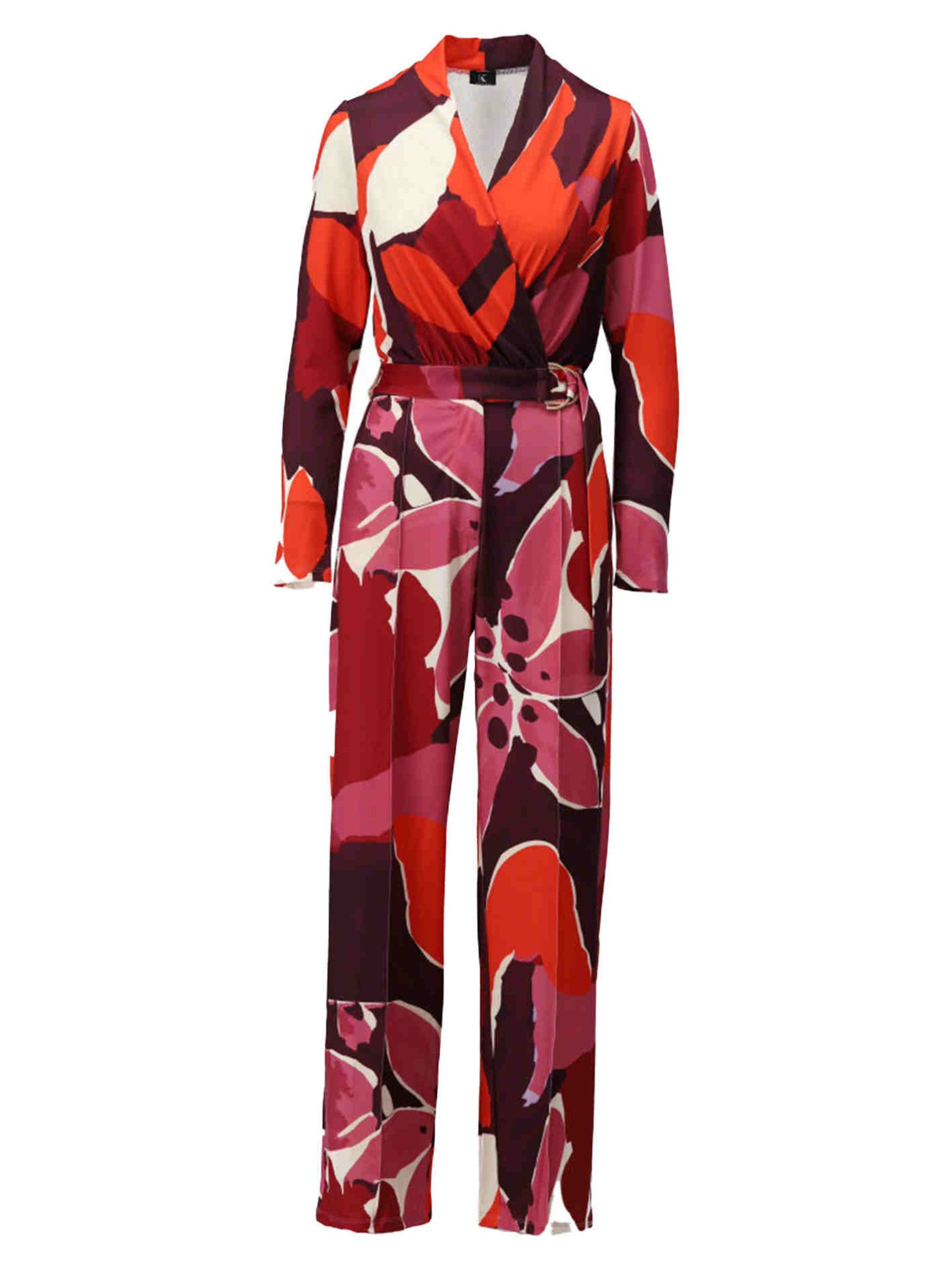 Full-length women’s printed jumpsuit by K Design featuring bold red, pink and purple abstract floral print, wrap-front neckline, long sleeves and belted waist - perfect for smart casual and evening wear styling.