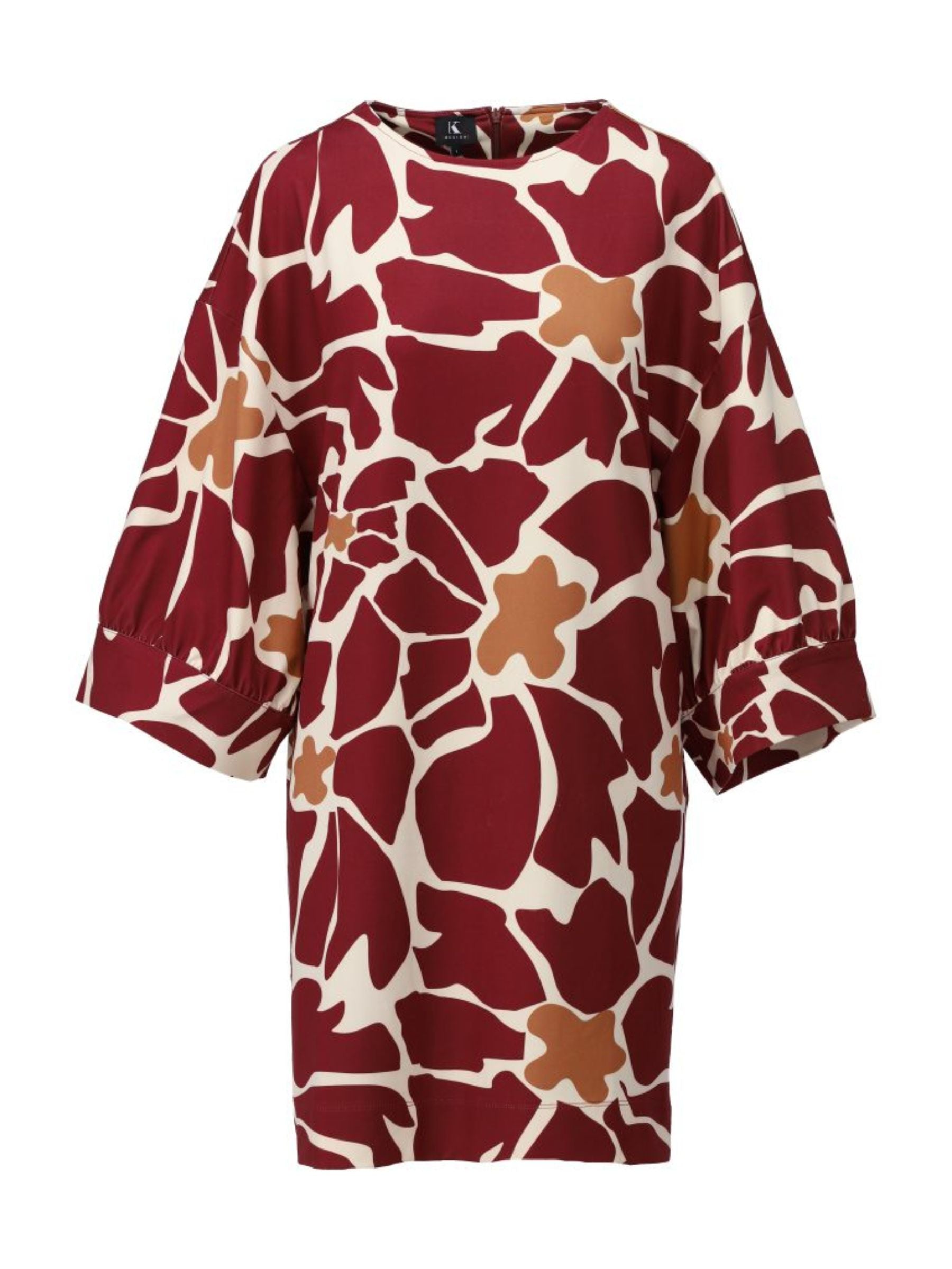 Women’s shift dress with burgundy and caramel abstract floral print, three-quarter balloon sleeves, and relaxed fit for effortless day-to-evening style.