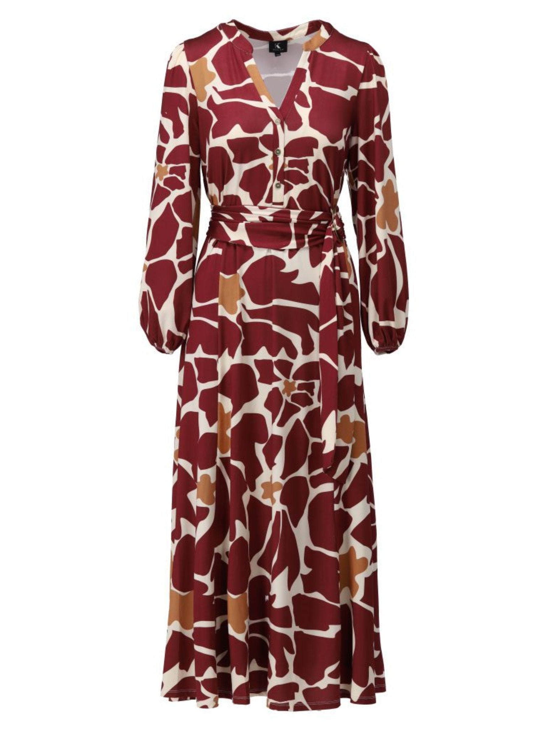 Women’s belted midi dress in burgundy and white abstract floral print with wrap waist, V-neckline and long sleeves for elegant autumn styling.
