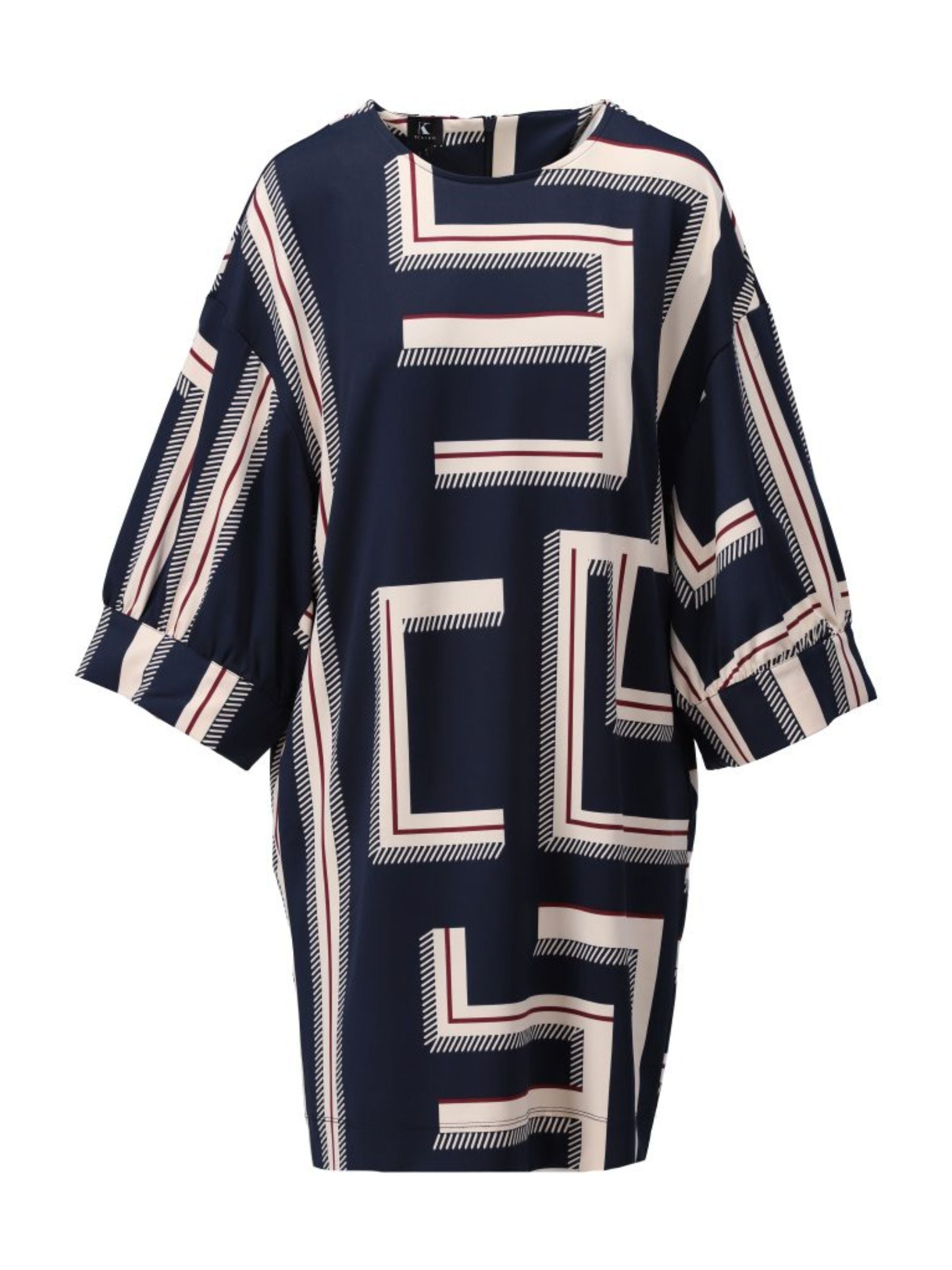 K Design B330 women’s shift dress in navy with cream and gold geometric print, three-quarter sleeves and above-the-knee length - chic autumn styling.
