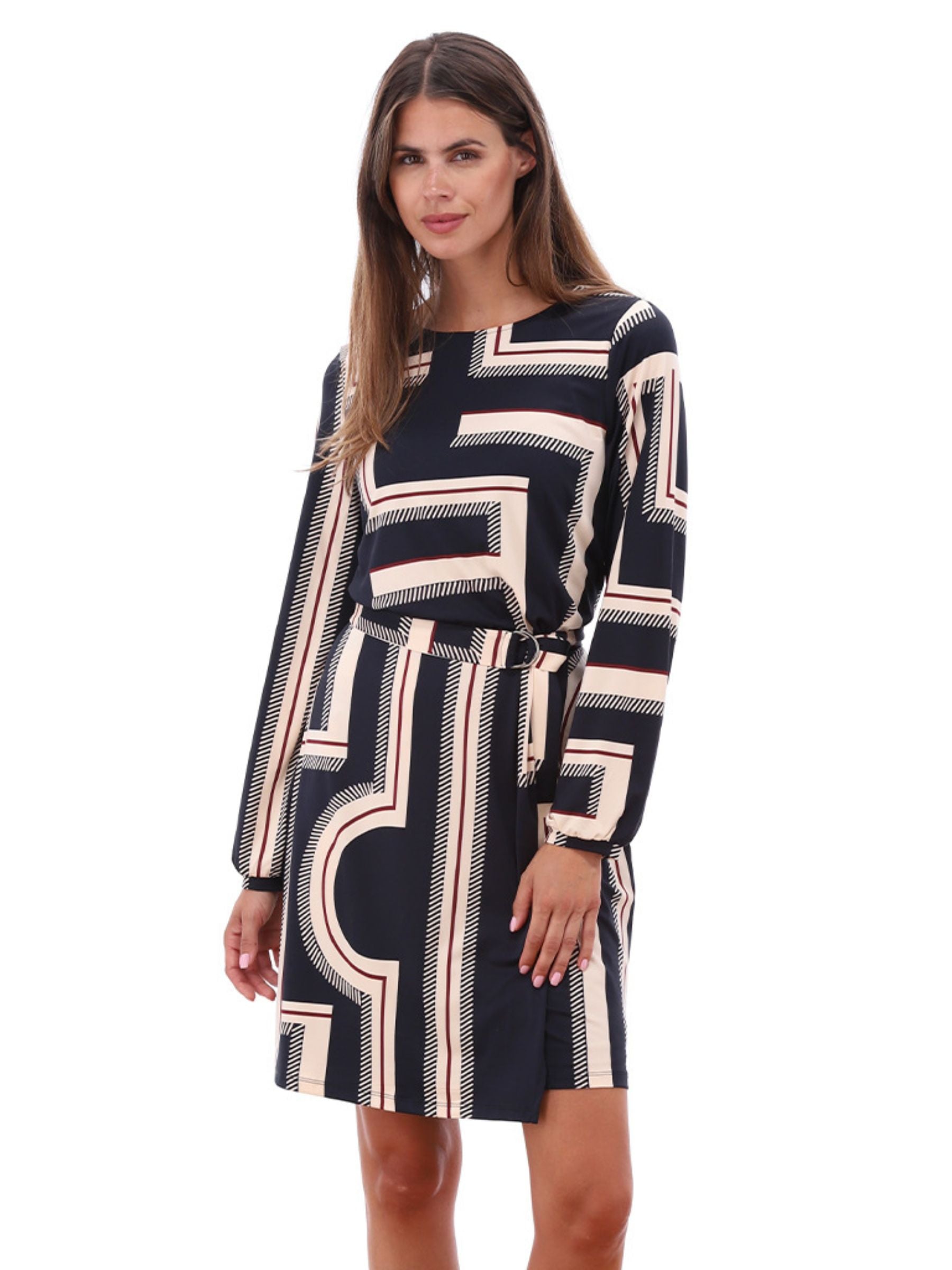K Design B334 women’s geometric print dress in navy, red and blush with belted waist, long sleeves and above-the-knee length - chic day-to-night style.