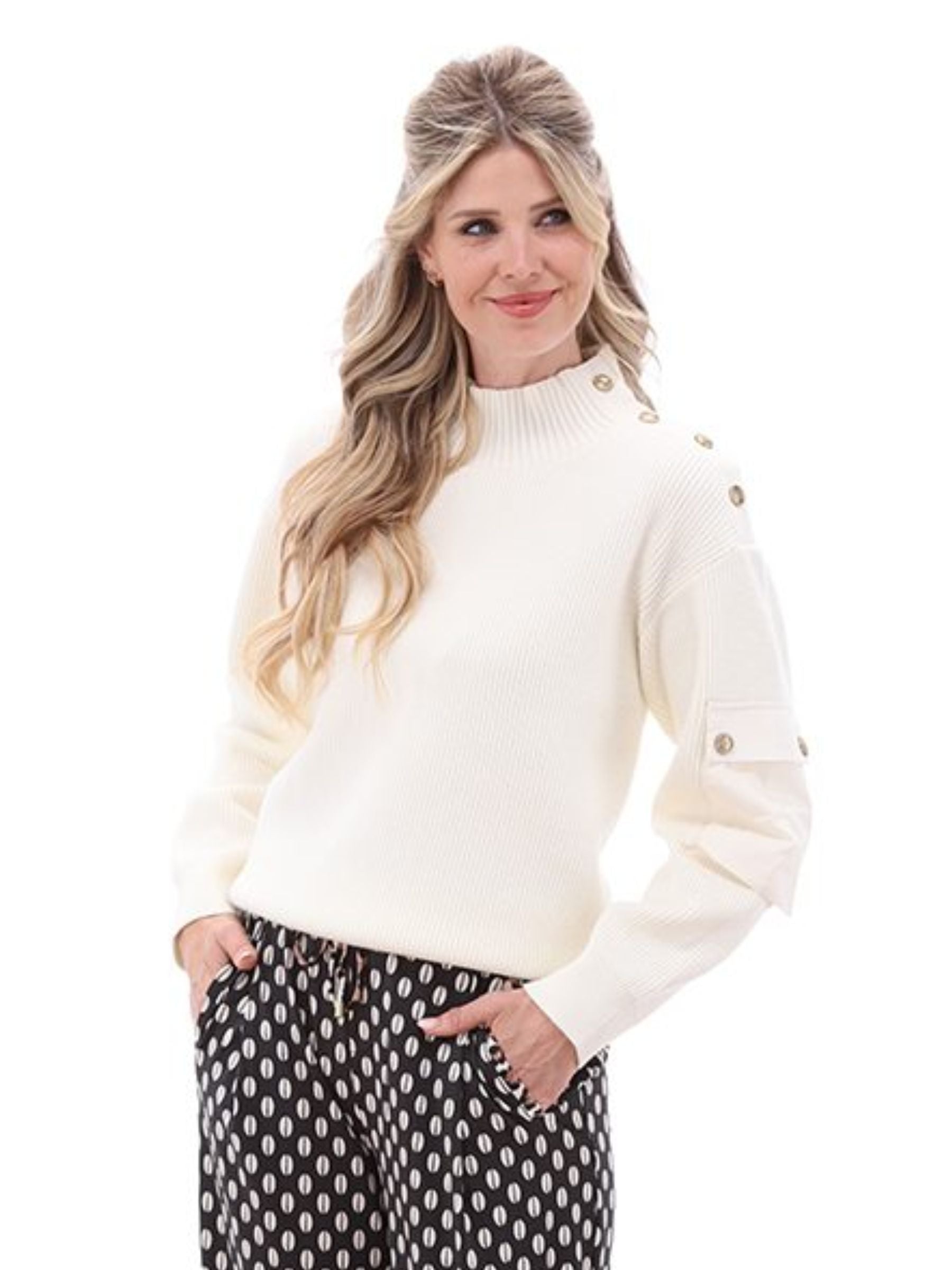 K Design B841 women’s knit sweater with gold-tone shoulder and sleeve button detail, high neckline and relaxed fit - chic autumn-winter style.