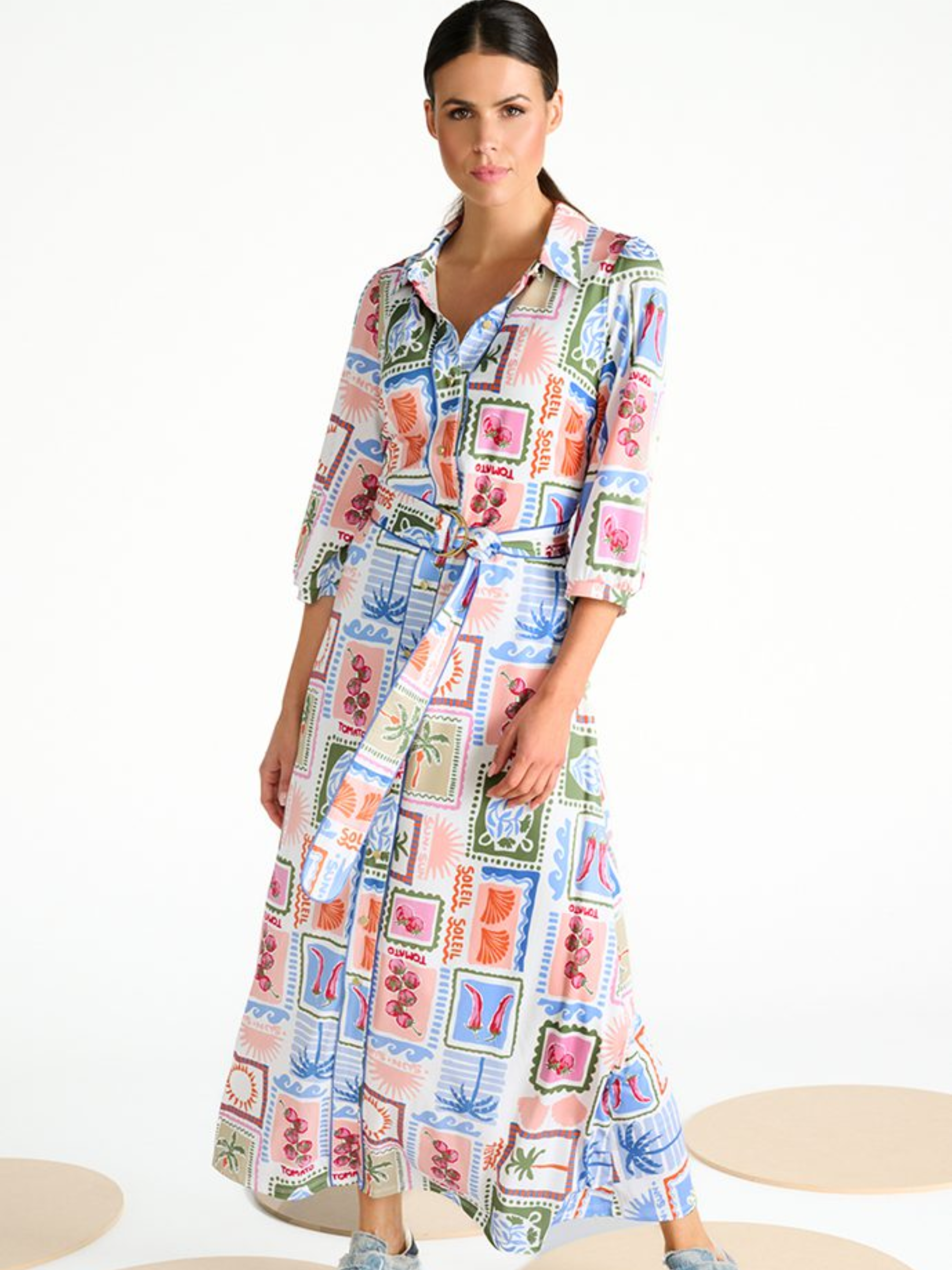 K Design C302 Dress full-length printed shirt dress with collar, button-through front, waist belt with buckle and three-quarter sleeves.