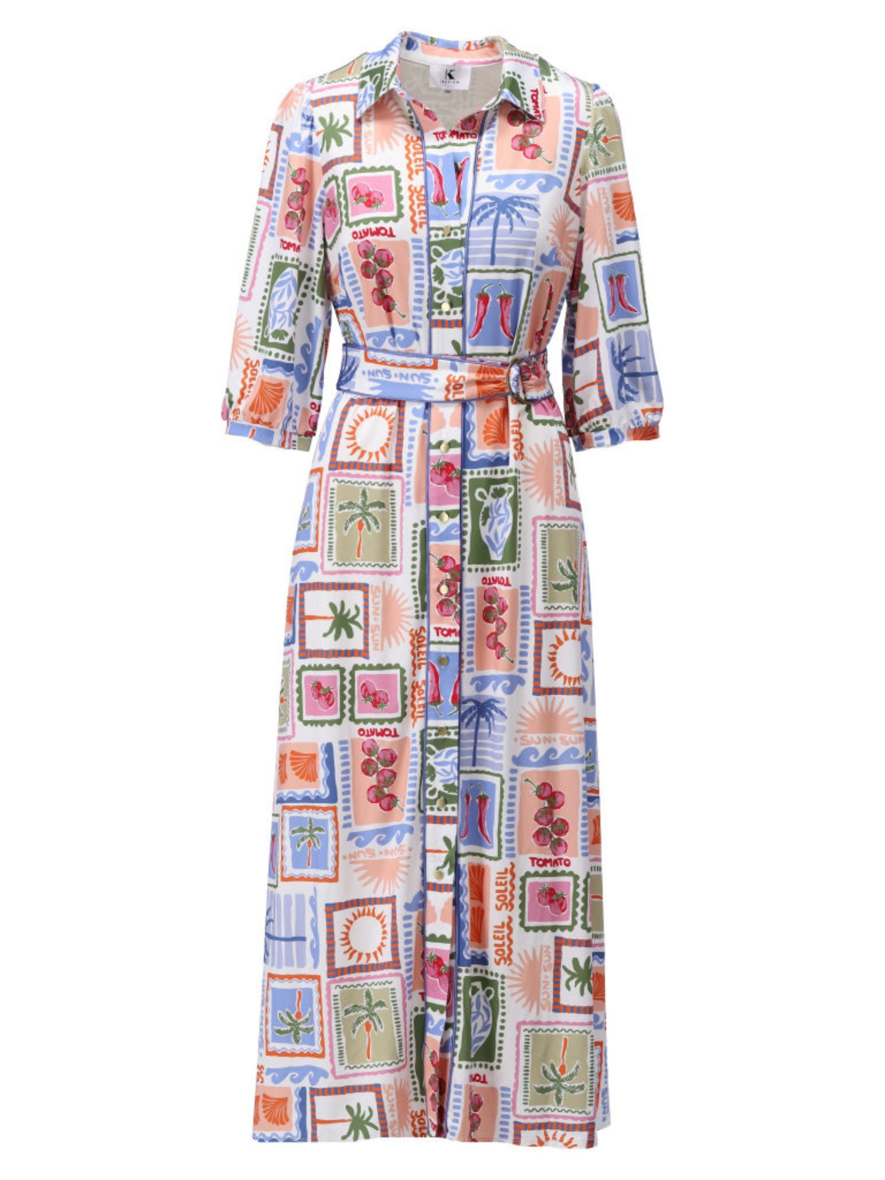 K Design C302 Dress full-length printed shirt dress with collar, button-through front, waist belt with buckle and three-quarter sleeves.