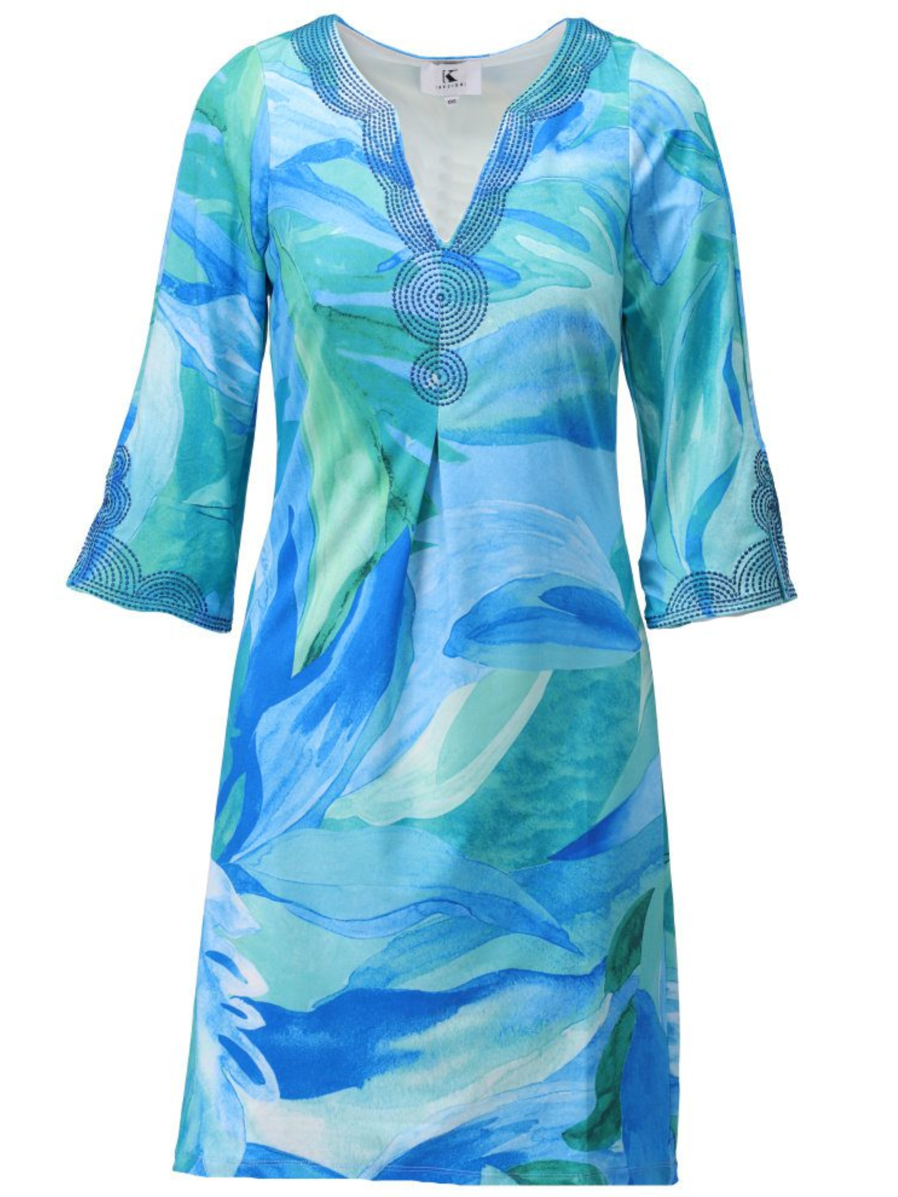 K Design C309 Dress with abstract print, decorative neckline detail and three-quarter sleeves.