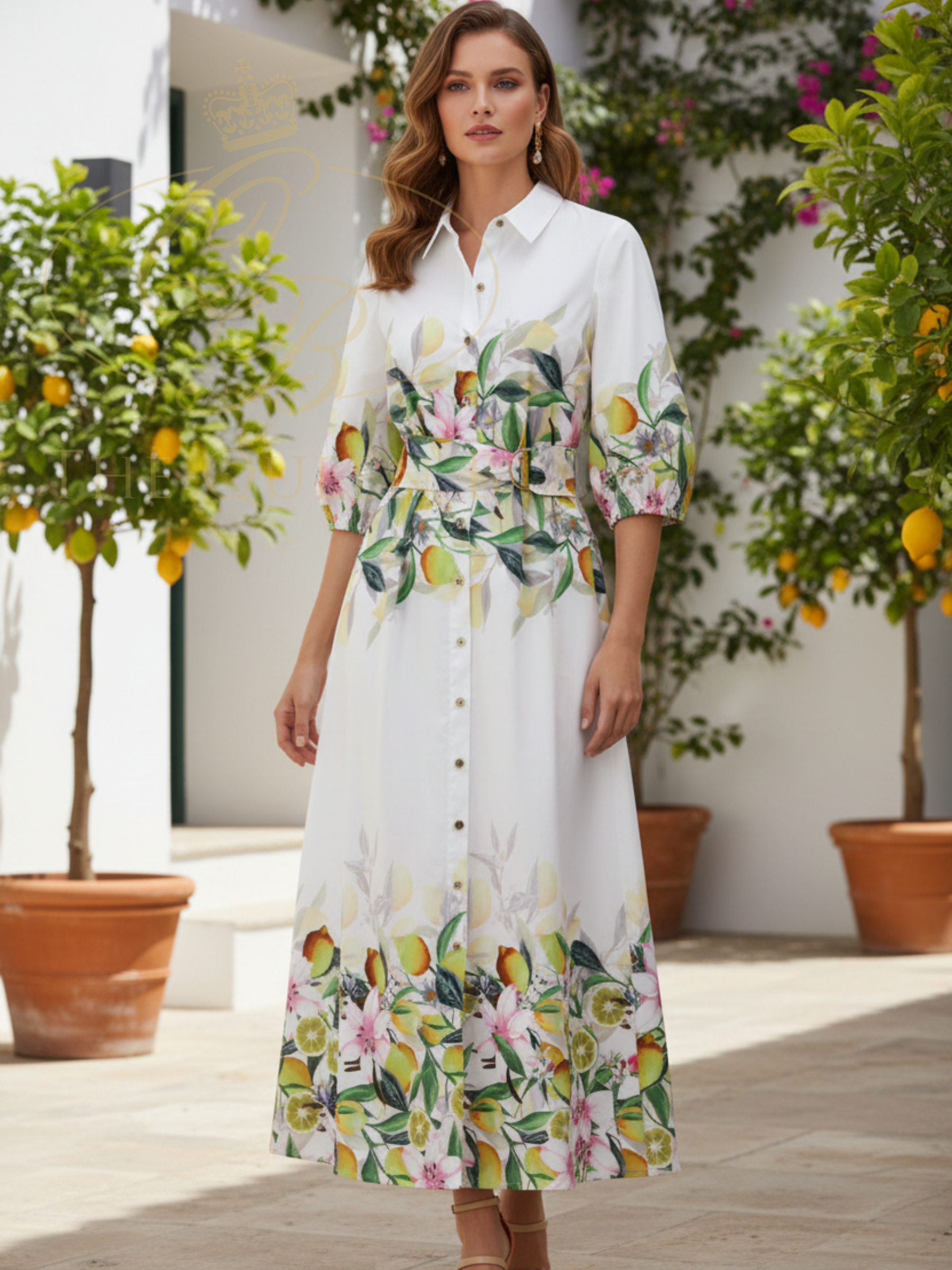 K Design C352L Dress full-length botanical print shirt dress with collar, button-through front, waist belt with buckle and border hem detail.