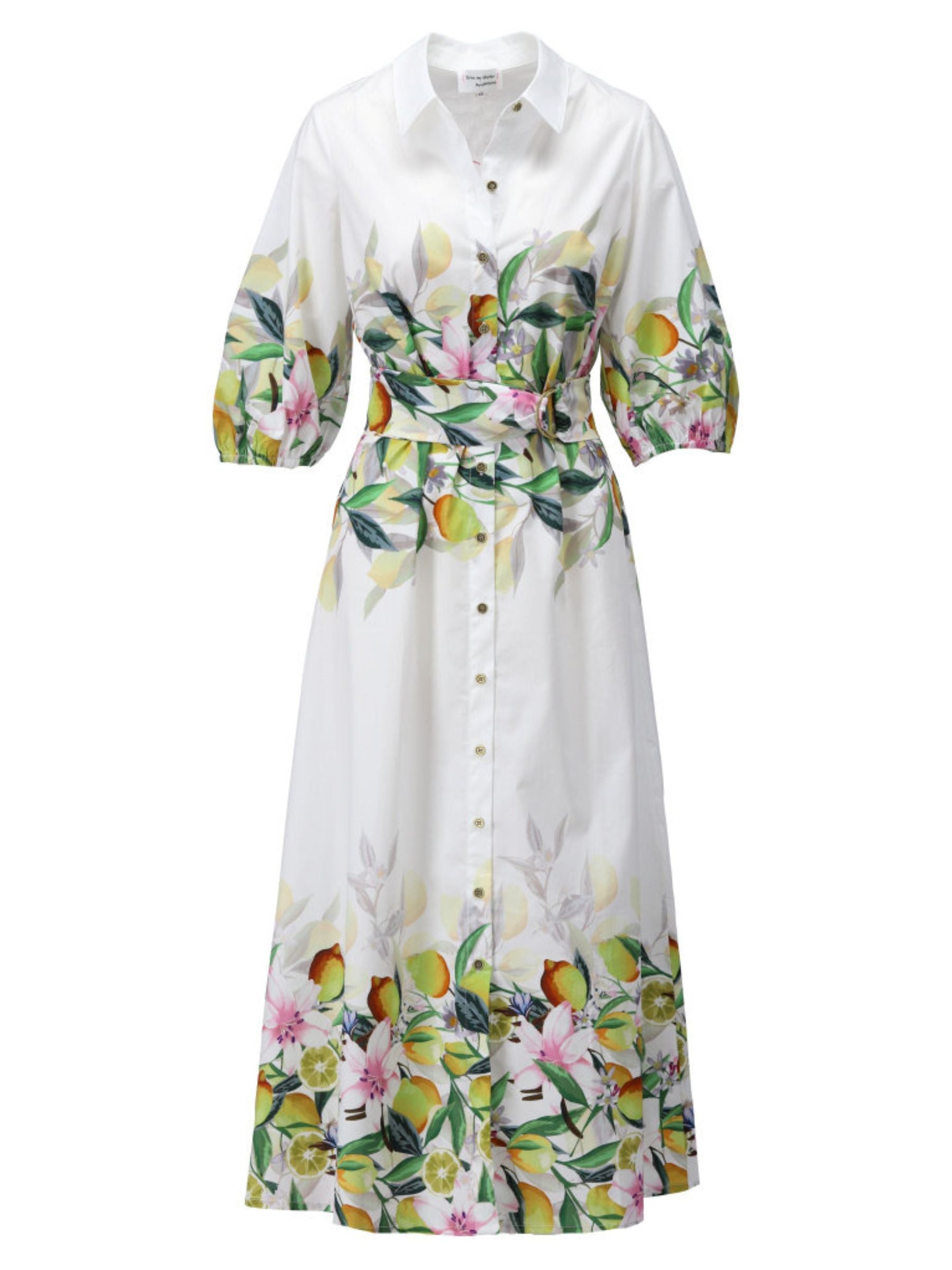 K Design C352L Dress full-length botanical print shirt dress with collar, button-through front, waist belt with buckle and border hem detail.