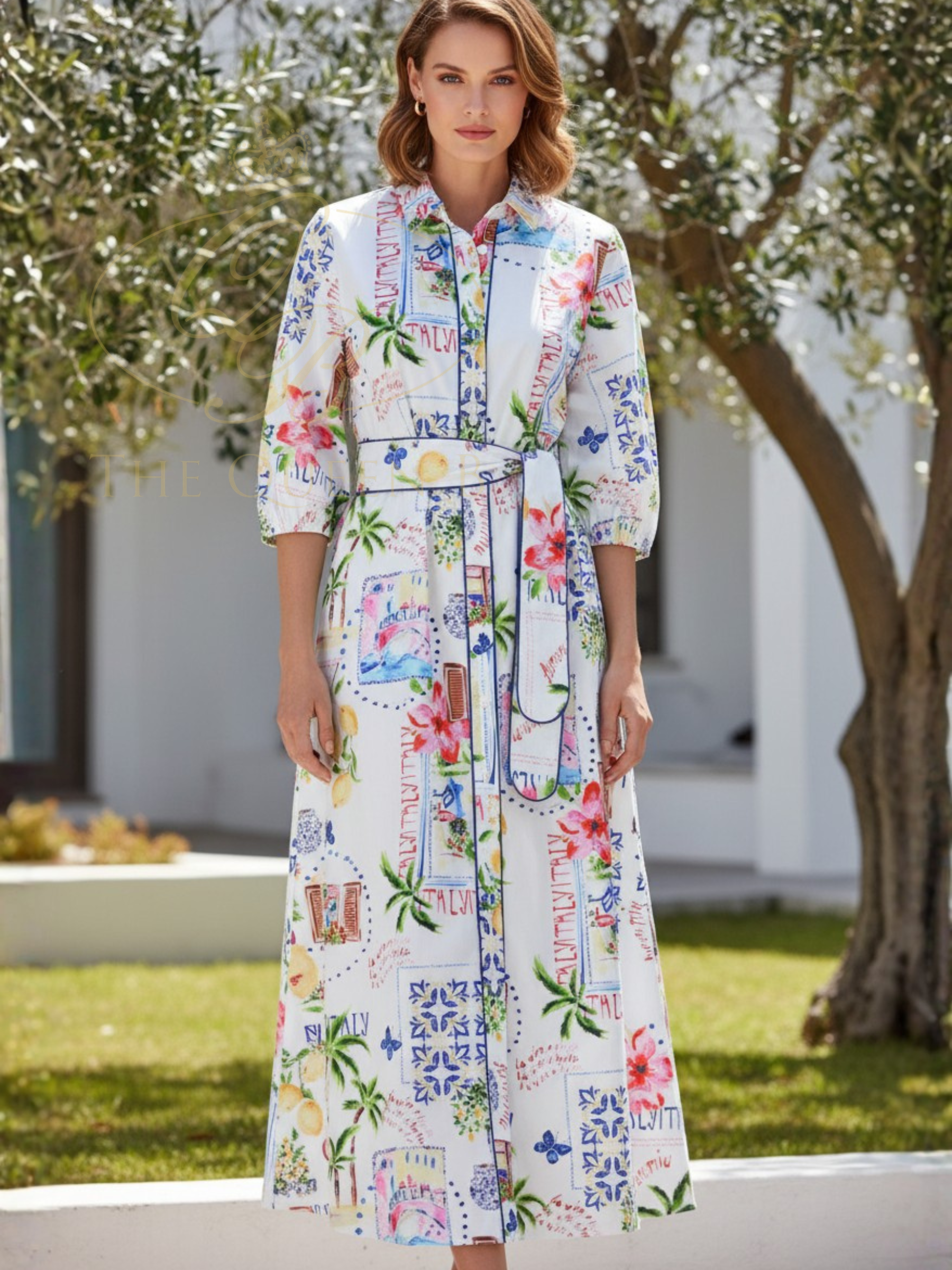 K Design C359L Dress full-length printed shirt dress with collar, button-through front, self-tie waist belt and three-quarter sleeves.