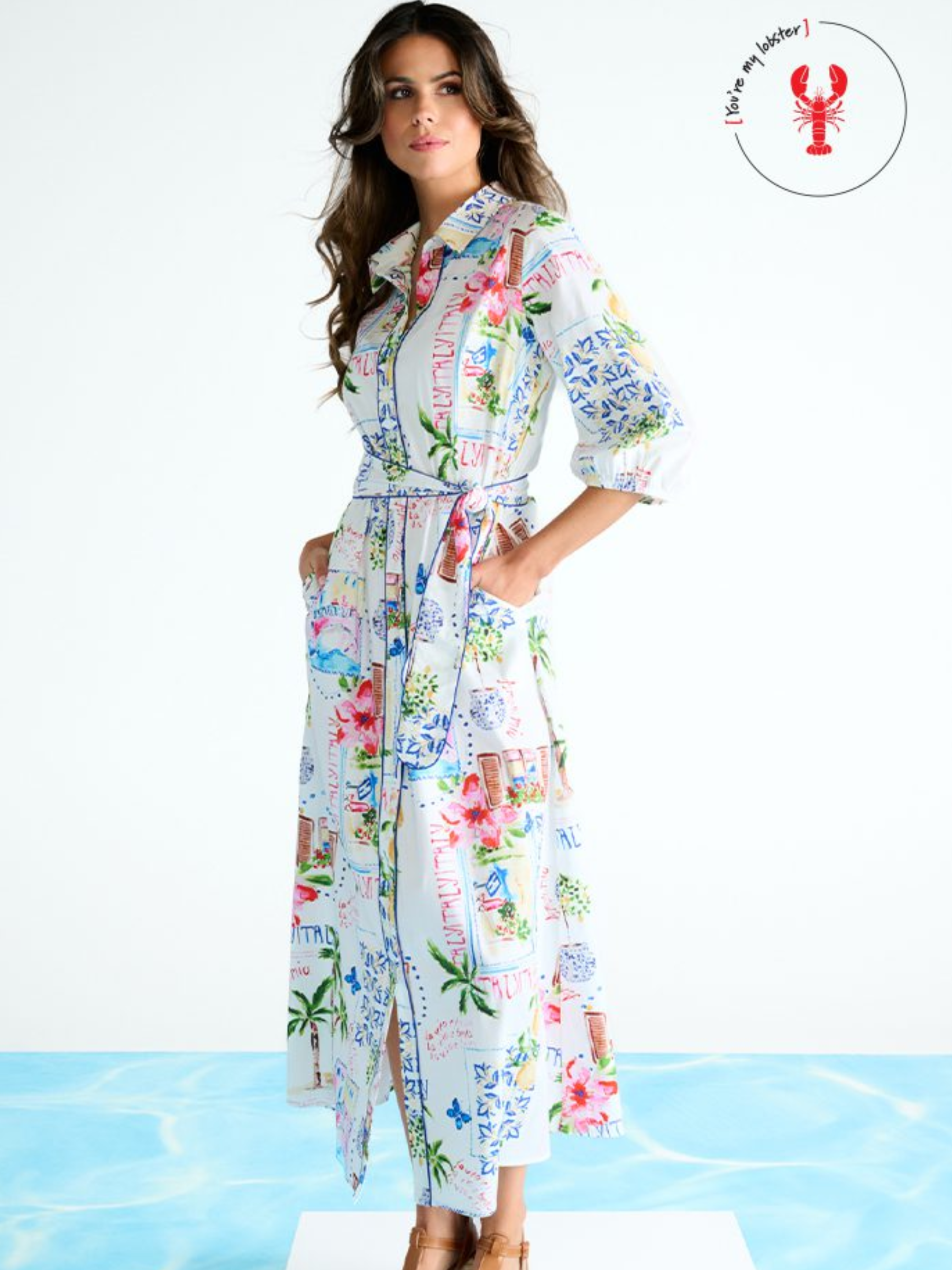 K Design C359L Dress full-length printed shirt dress with collar, button-through front, self-tie waist belt and three-quarter sleeves.