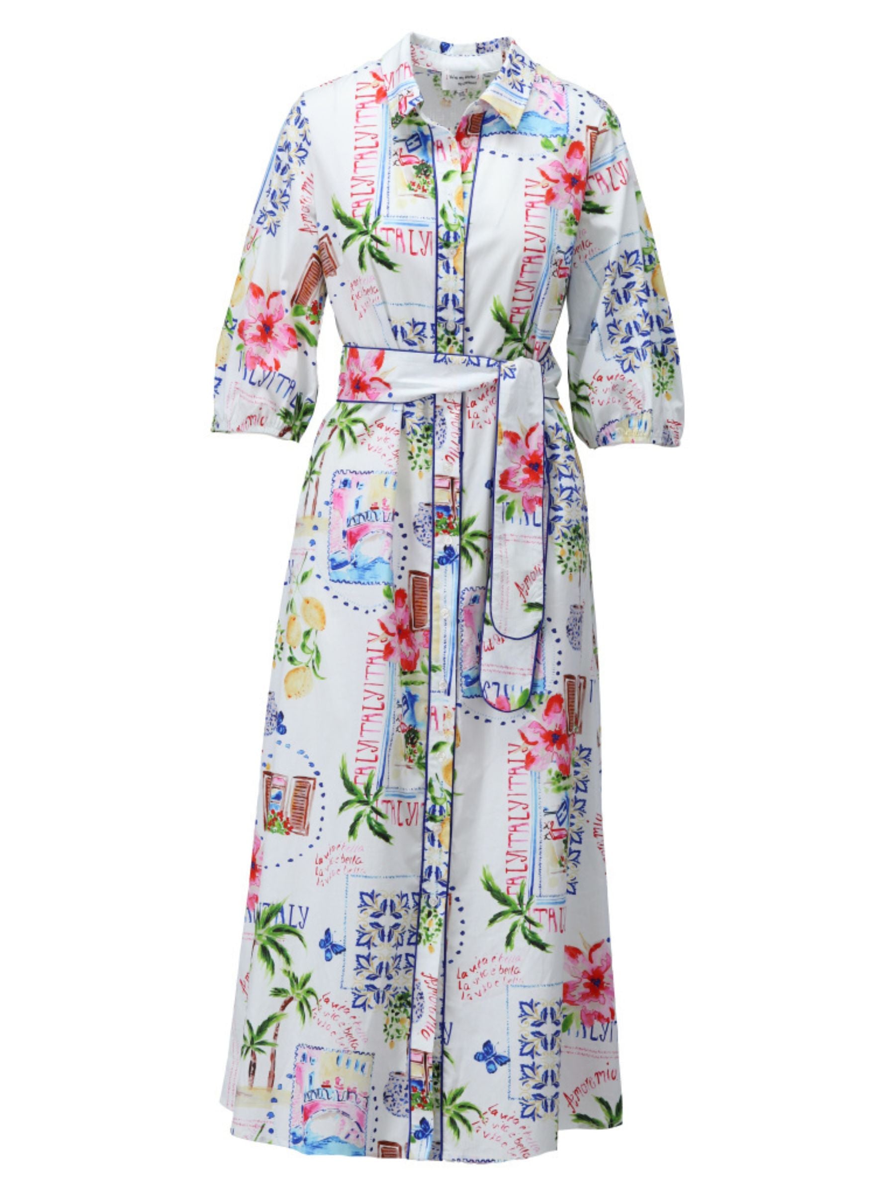 K Design C359L Dress full-length printed shirt dress with collar, button-through front, self-tie waist belt and three-quarter sleeves.