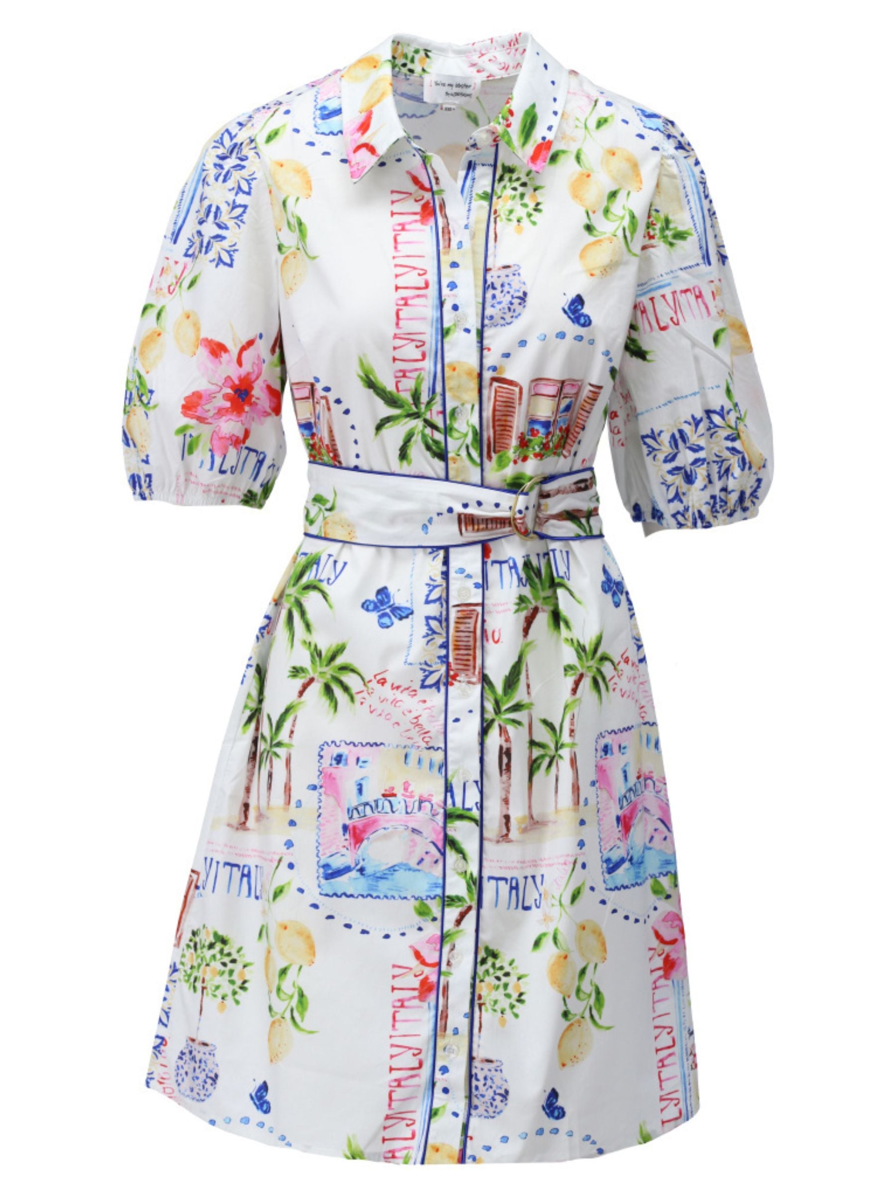 K Design C360L Dress knee-length printed shirt dress with collar, button-through front, waist belt with buckle and short sleeves.